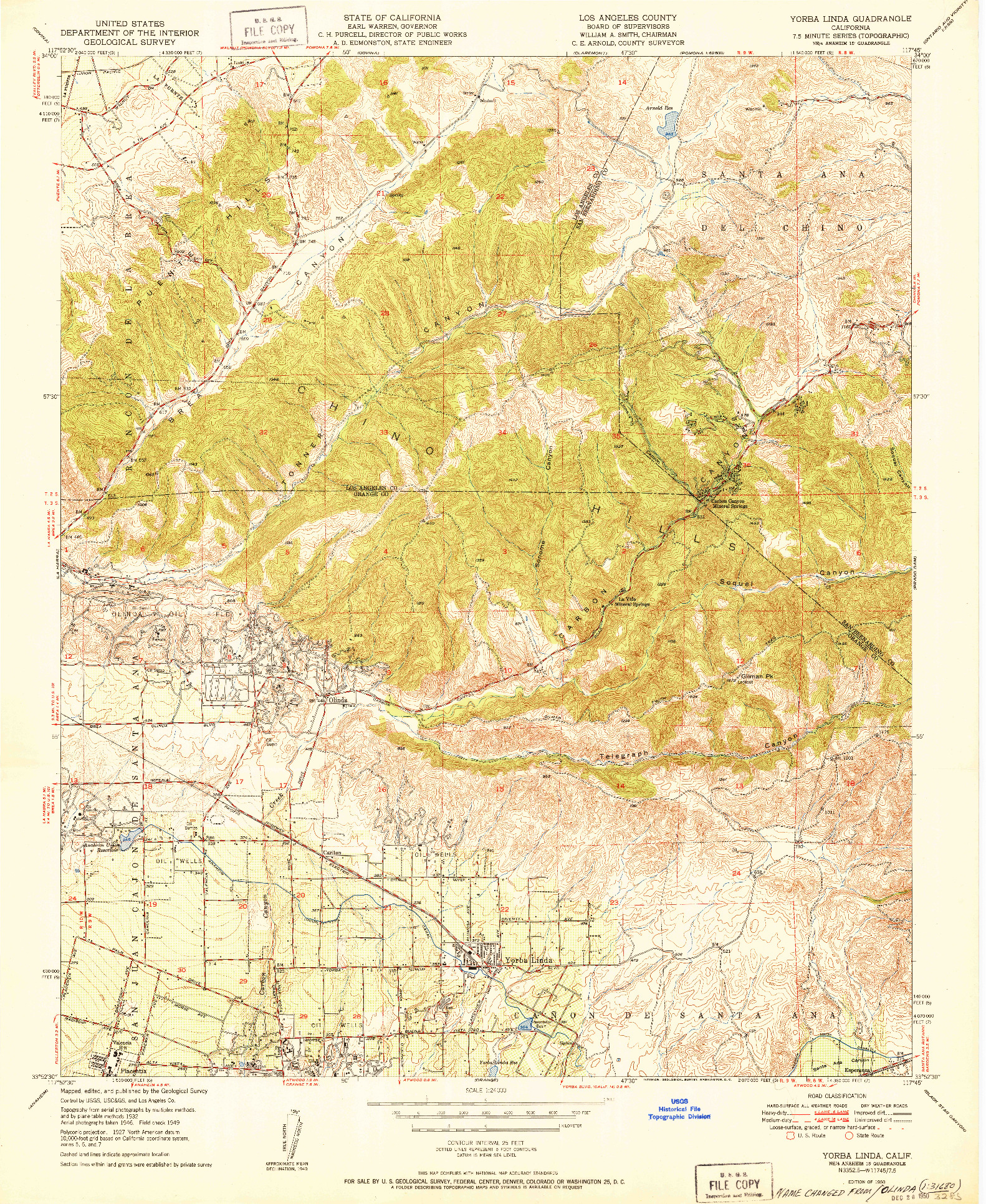 USGS 1:24000-SCALE QUADRANGLE FOR YORBA LINDA, CA 1950