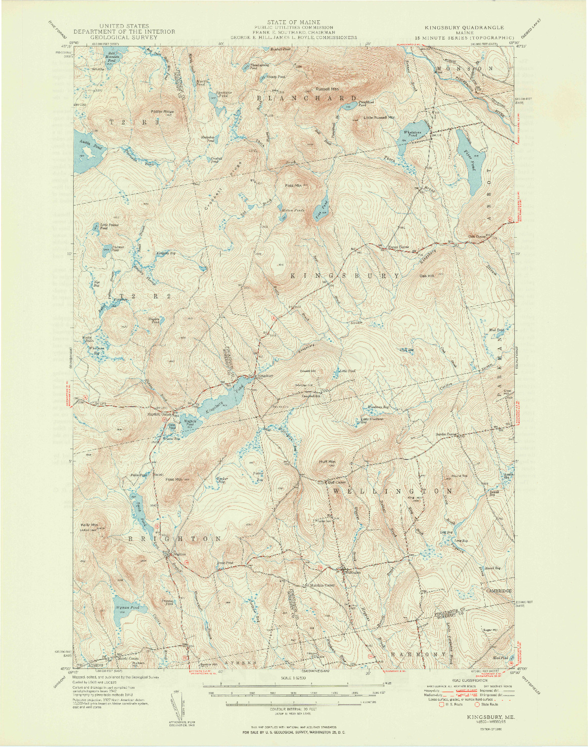USGS 1:62500-SCALE QUADRANGLE FOR KINGSBURY, ME 1950