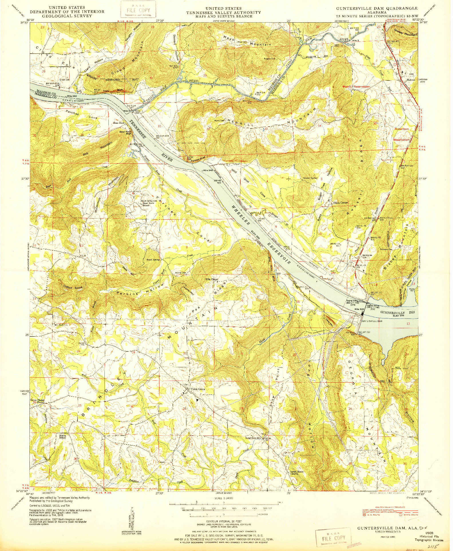 USGS 1:24000-SCALE QUADRANGLE FOR GUNTERSVILLE DAM, AL 1950
