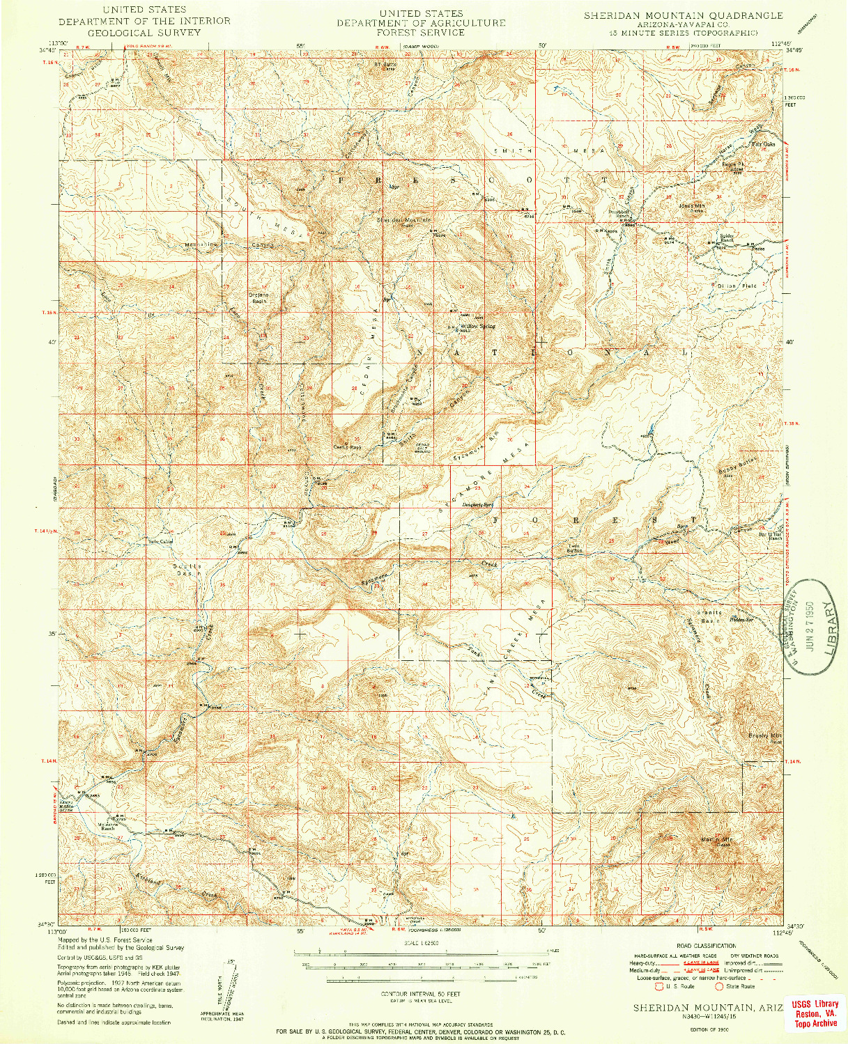 USGS 1:62500-SCALE QUADRANGLE FOR SHERIDAN MOUNTAIN, AZ 1950