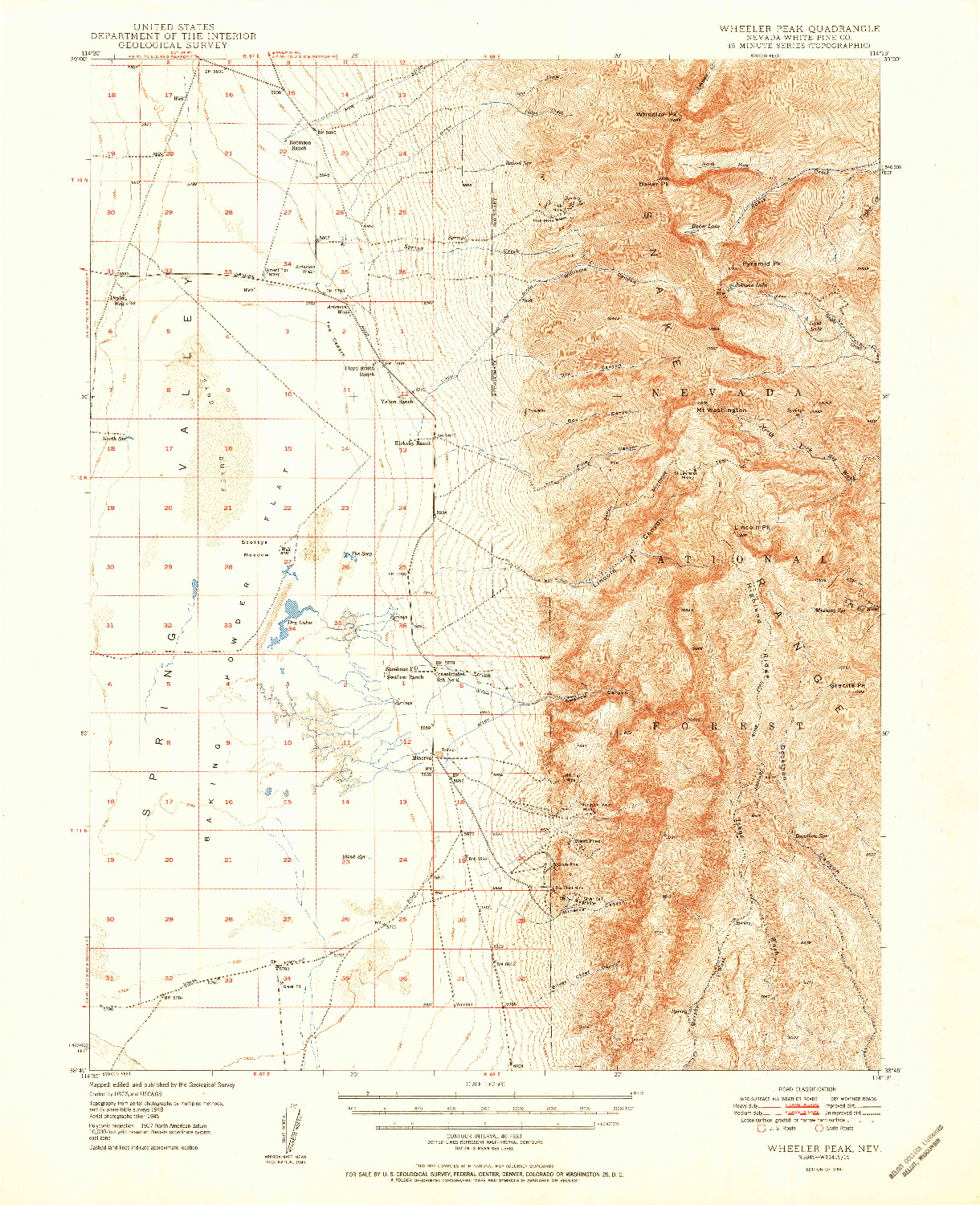 USGS 1:62500-SCALE QUADRANGLE FOR WHEELER PEAK, NV 1950