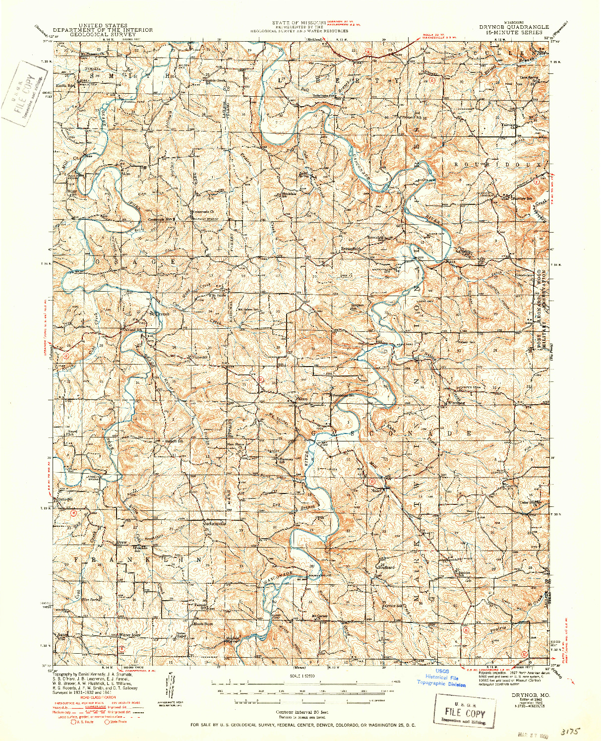 USGS 1:62500-SCALE QUADRANGLE FOR DRYNOB, MO 1943