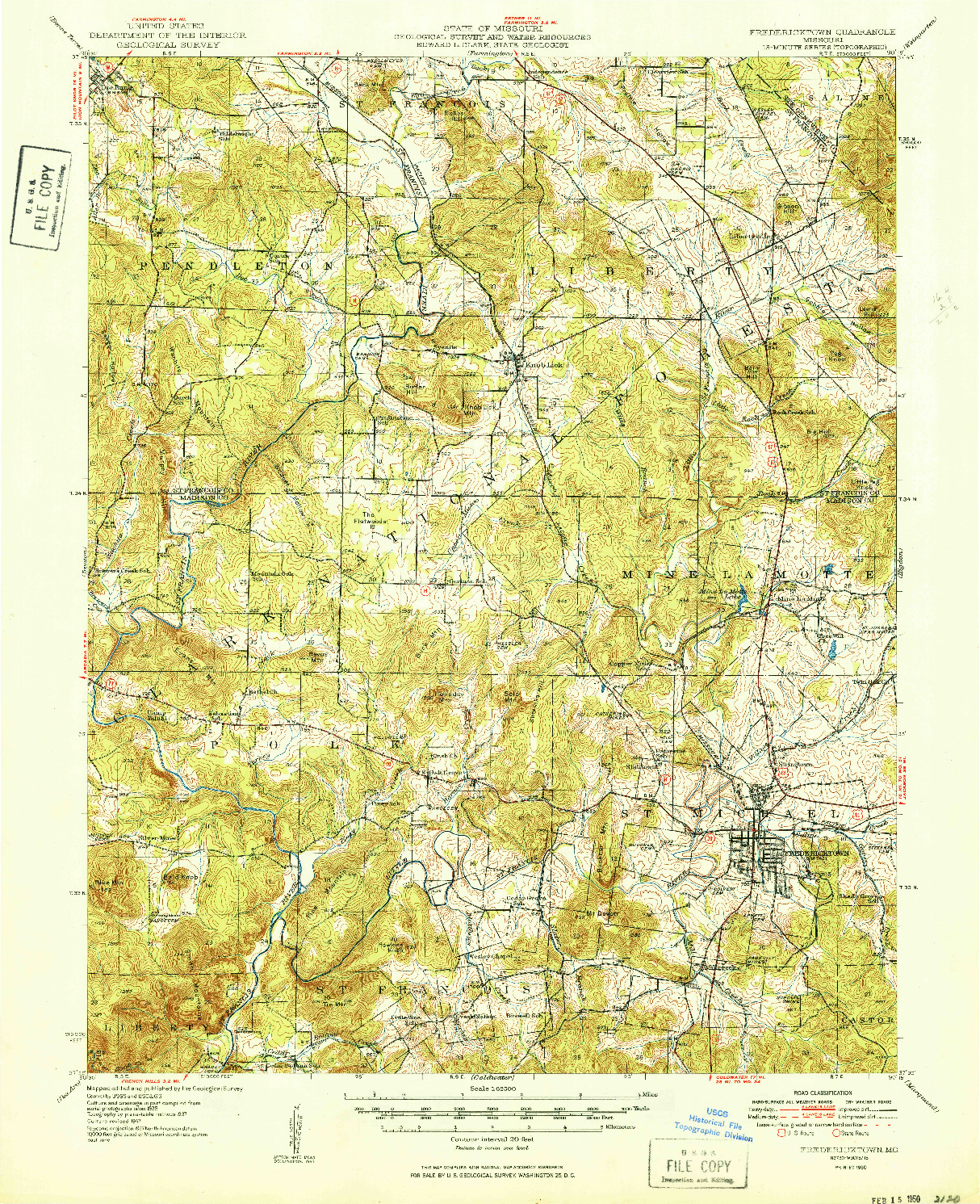 USGS 1:62500-SCALE QUADRANGLE FOR FREDERICKTOWN, MO 1950