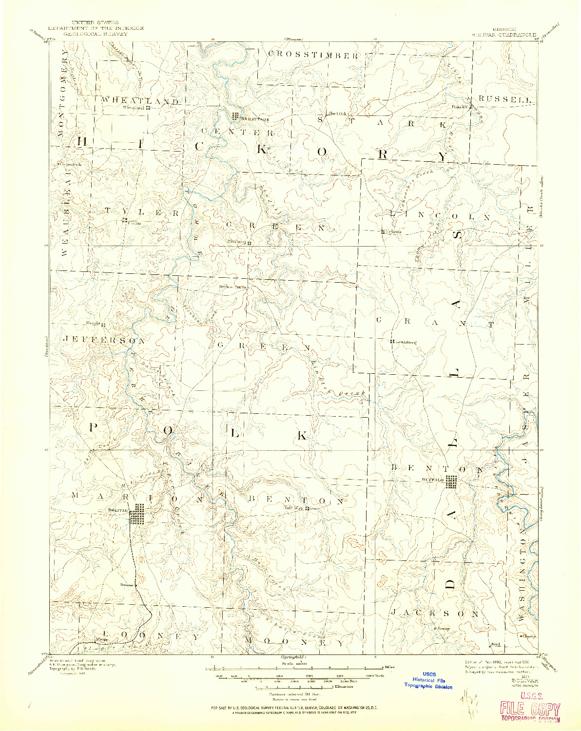 USGS 1:125000-SCALE QUADRANGLE FOR BOLIVAR, MO 1892