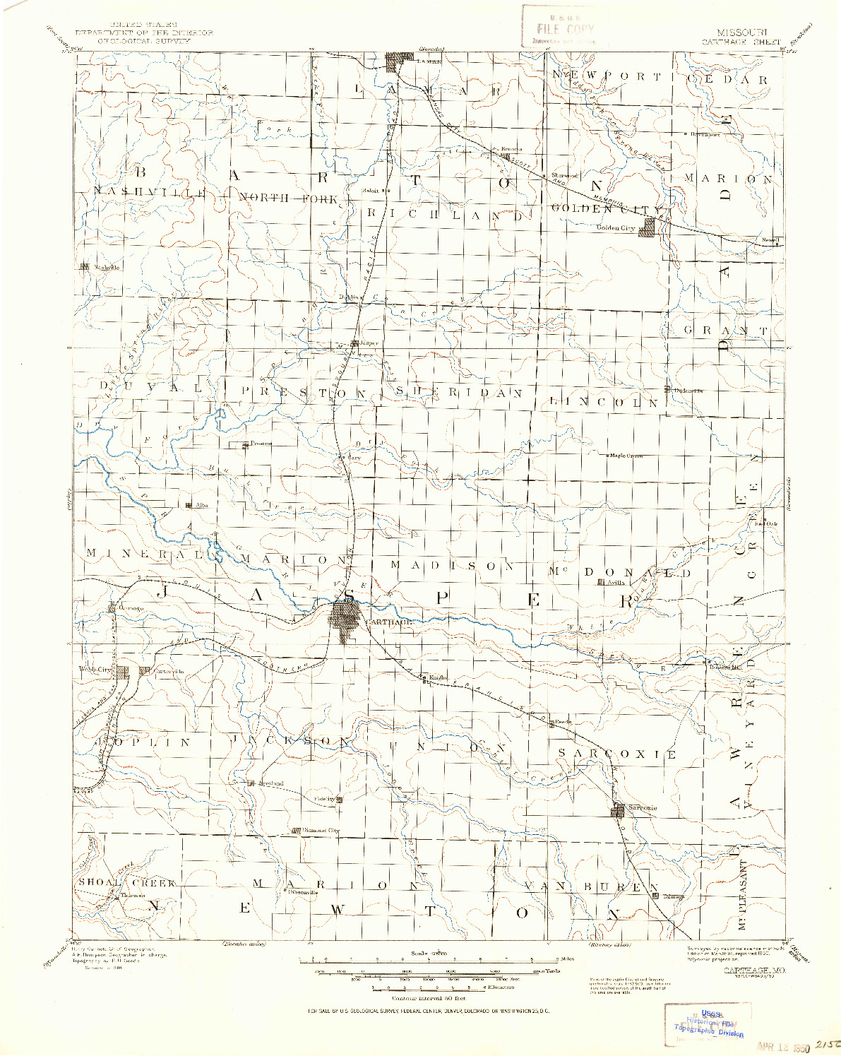 USGS 1:125000-SCALE QUADRANGLE FOR CARTHAGE, MO 1894