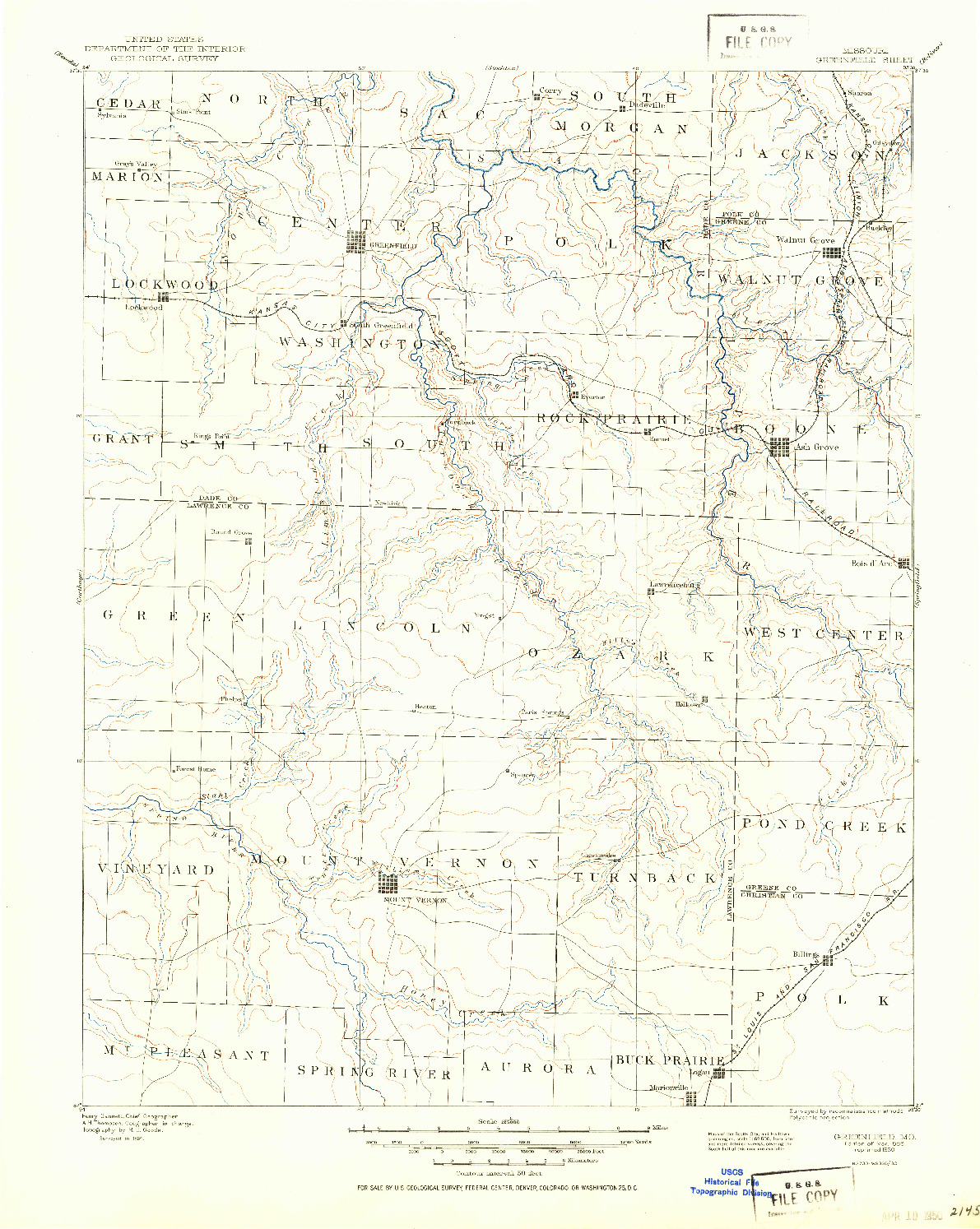 USGS 1:125000-SCALE QUADRANGLE FOR GREENFIELD, MO 1886