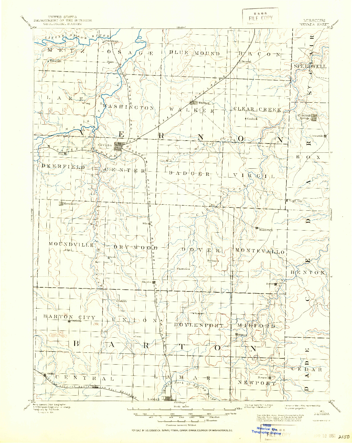 USGS 1:125000-SCALE QUADRANGLE FOR NEVADA, MO 1894