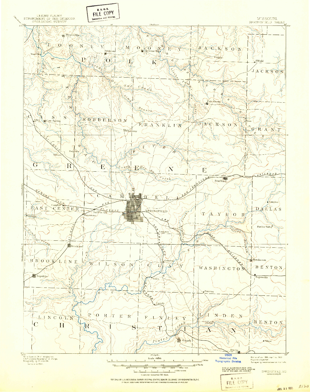 USGS 1:125000-SCALE QUADRANGLE FOR SPRINGFIELD, MO 1886