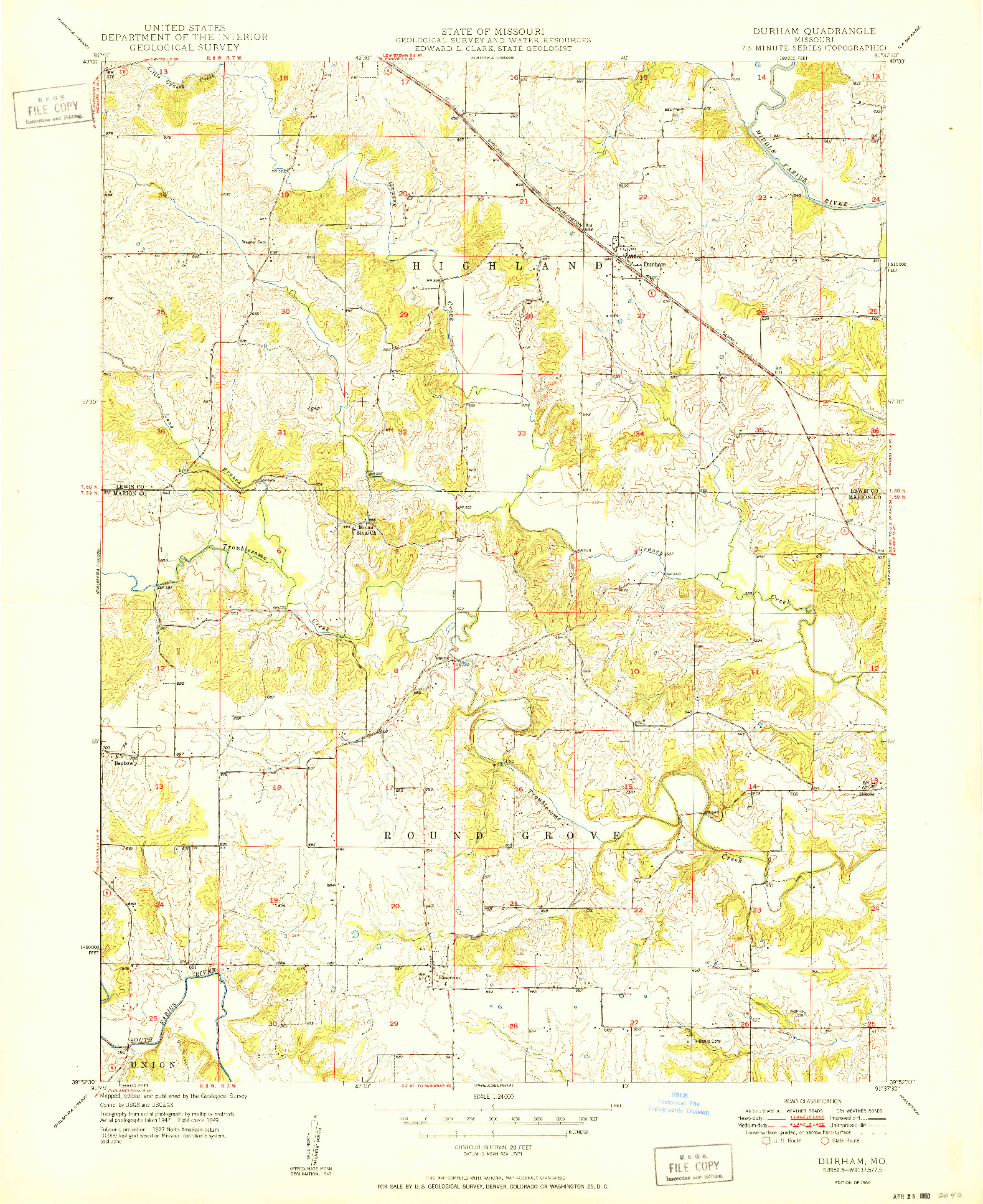 USGS 1:24000-SCALE QUADRANGLE FOR DURHAM, MO 1950
