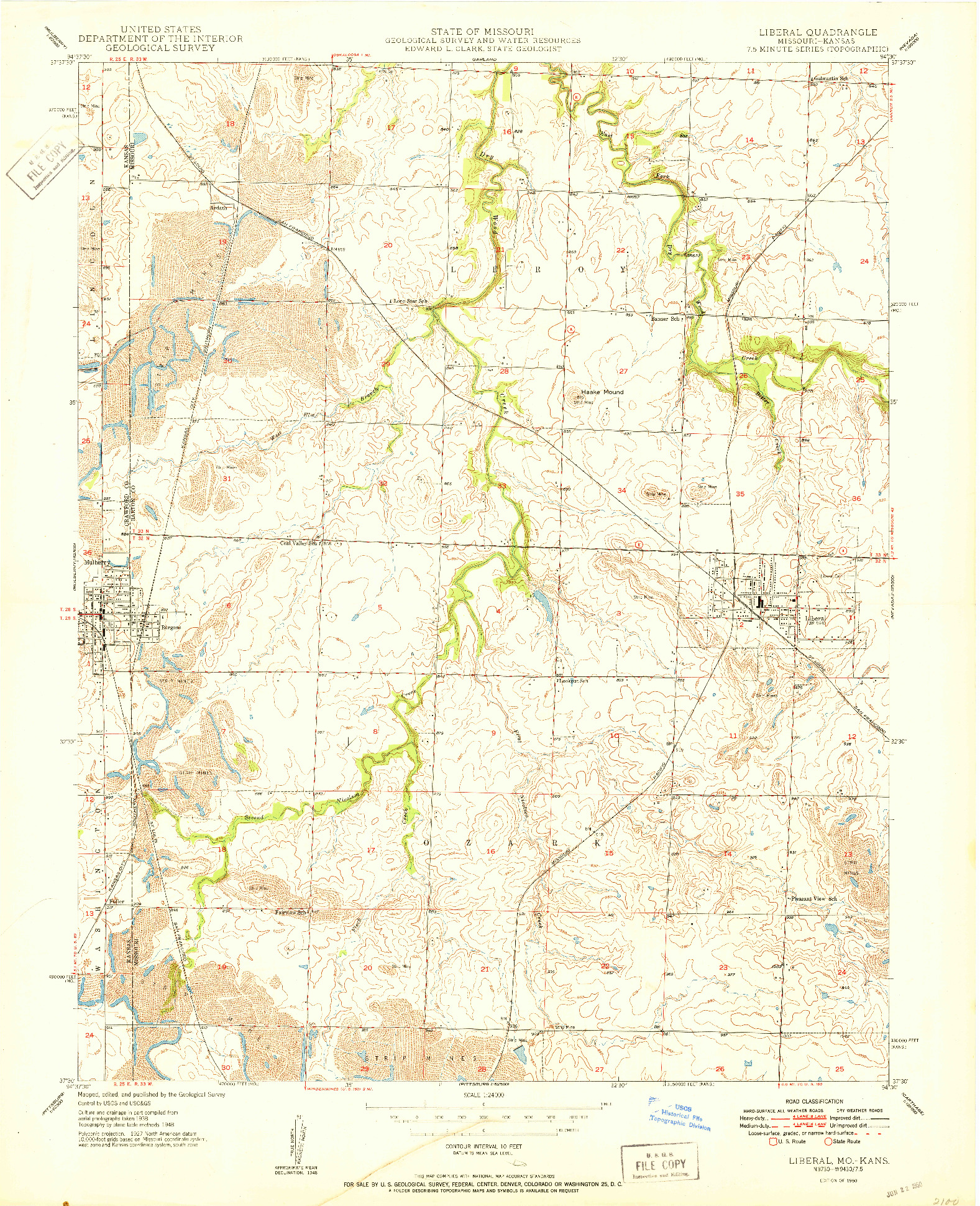 USGS 1:24000-SCALE QUADRANGLE FOR LIBERAL, MO 1950