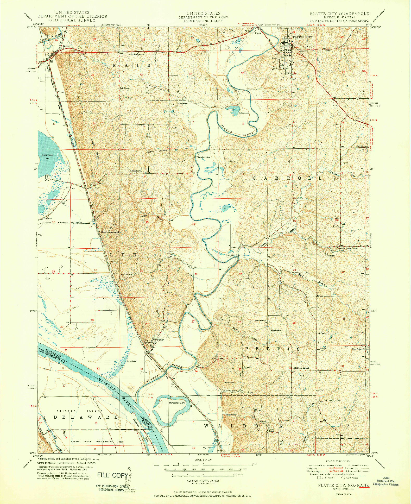 USGS 1:24000-SCALE QUADRANGLE FOR PLATTE CITY, MO 1950