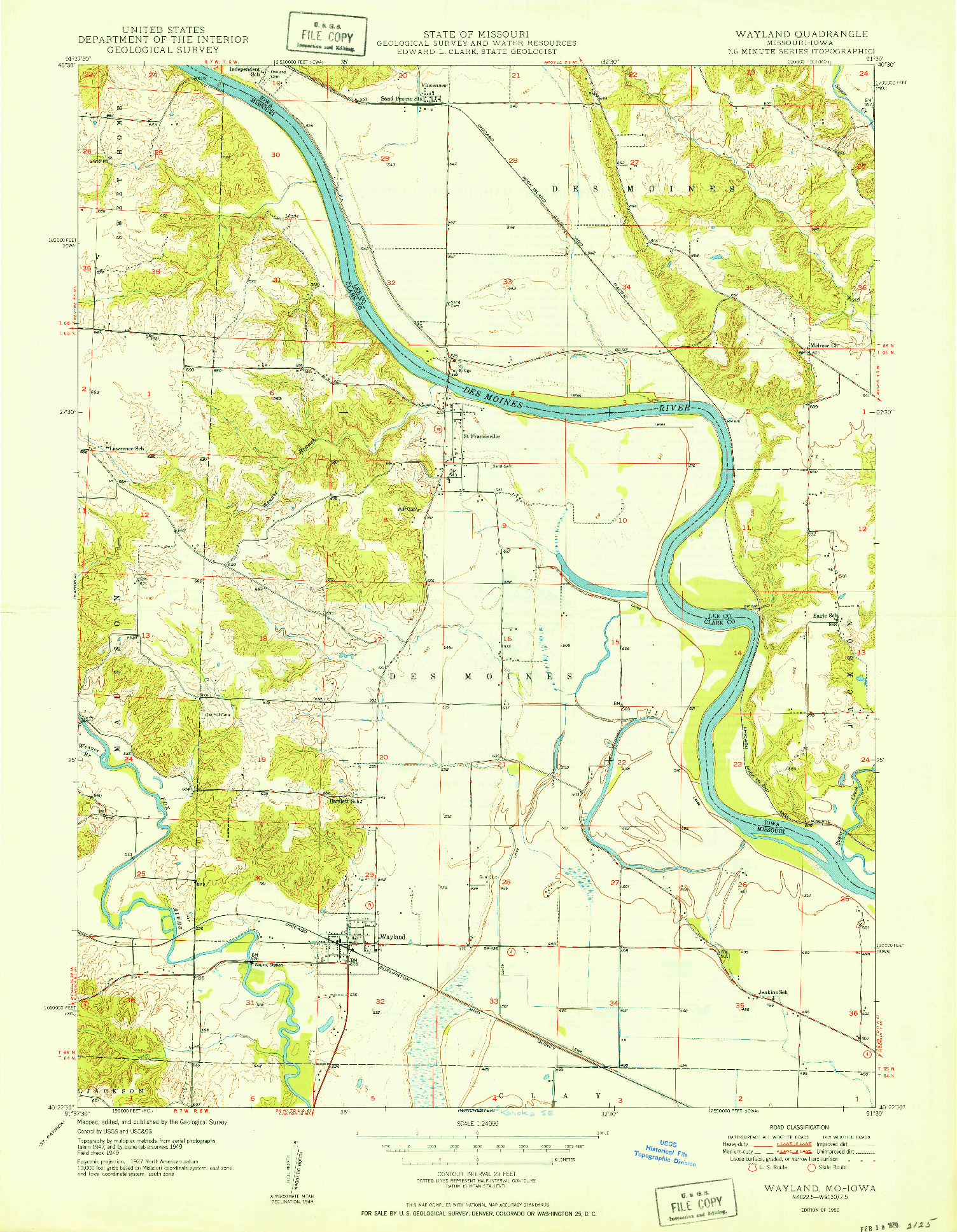 USGS 1:24000-SCALE QUADRANGLE FOR WAYLAND, MO 1950