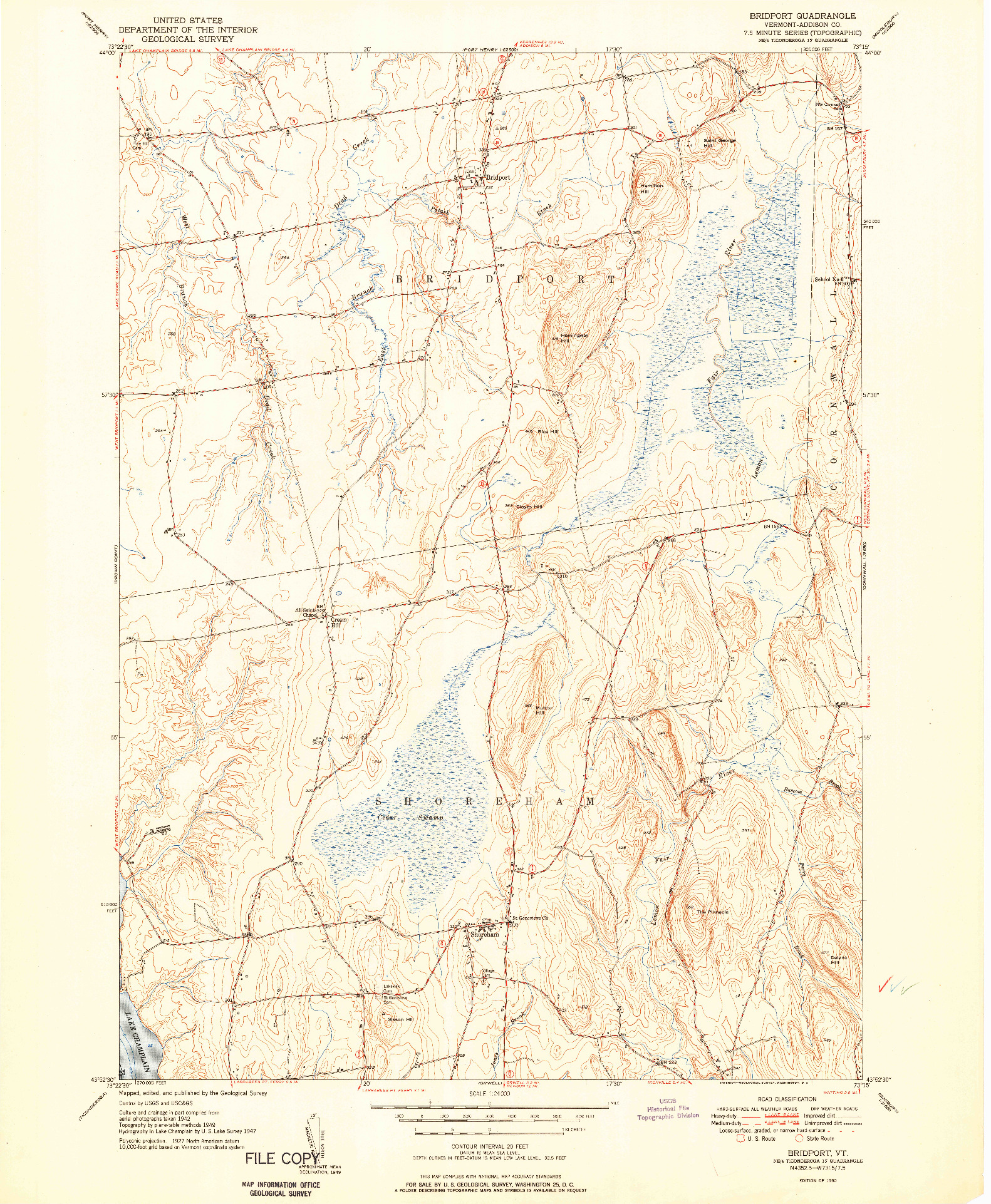 USGS 1:24000-SCALE QUADRANGLE FOR BRIDPORT, VT 1950