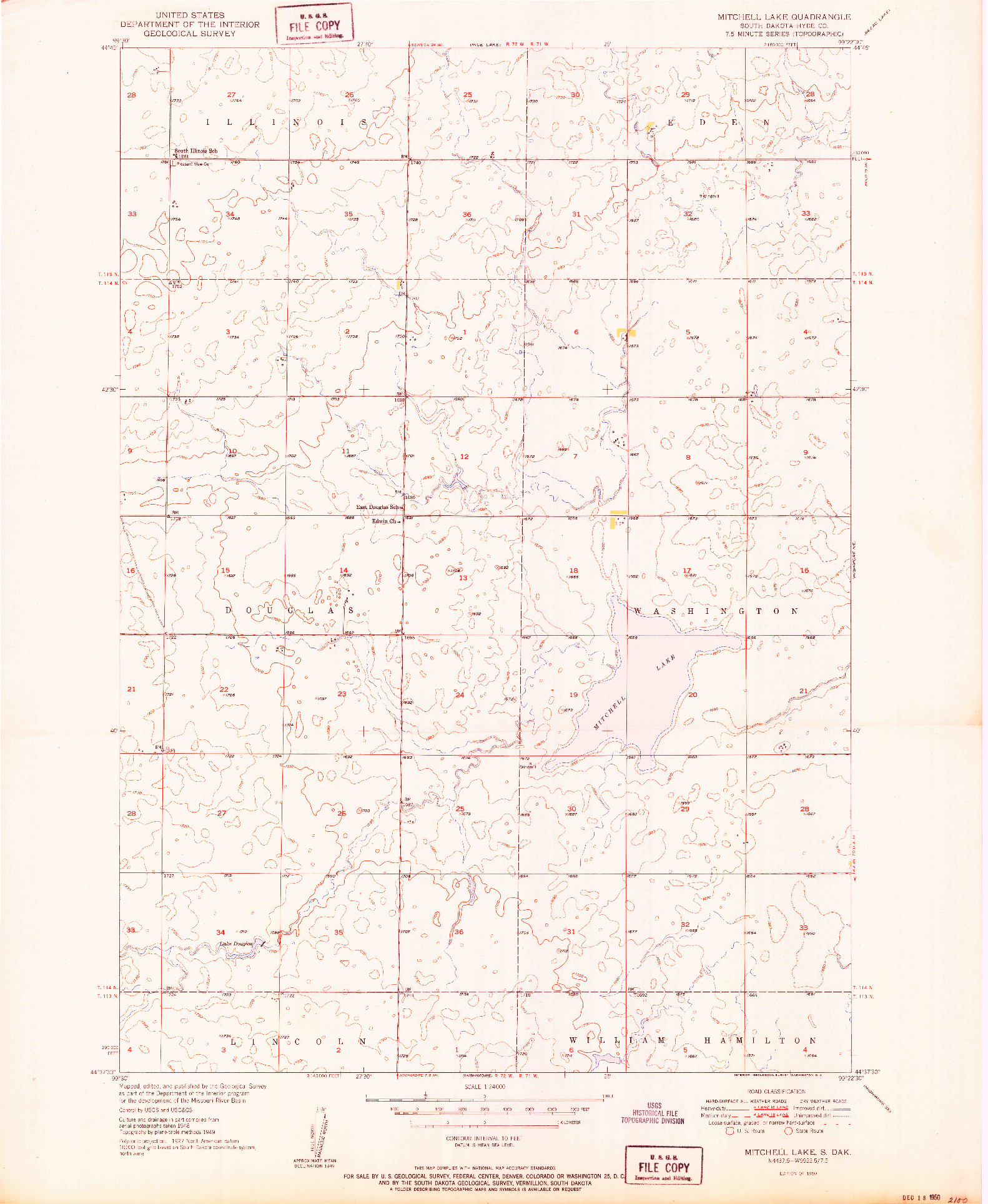 USGS 1:24000-SCALE QUADRANGLE FOR MITCHELL LAKE, SD 1950