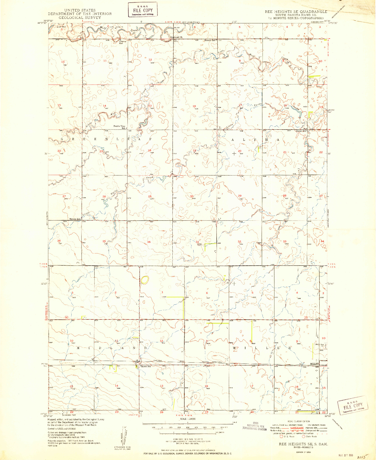 USGS 1:24000-SCALE QUADRANGLE FOR REE HEIGHTS SE, SD 1950
