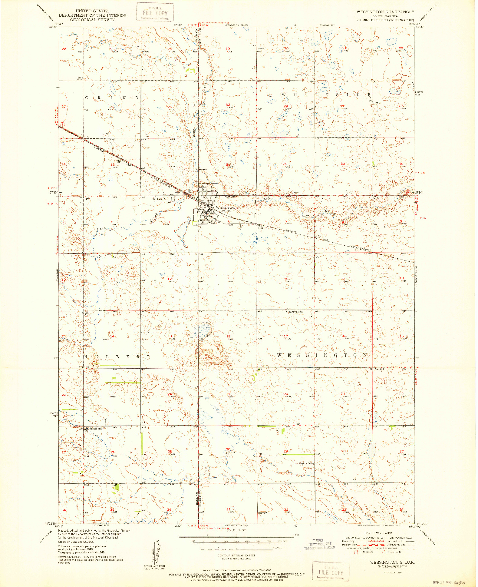 USGS 1:24000-SCALE QUADRANGLE FOR WESSINGTON, SD 1950