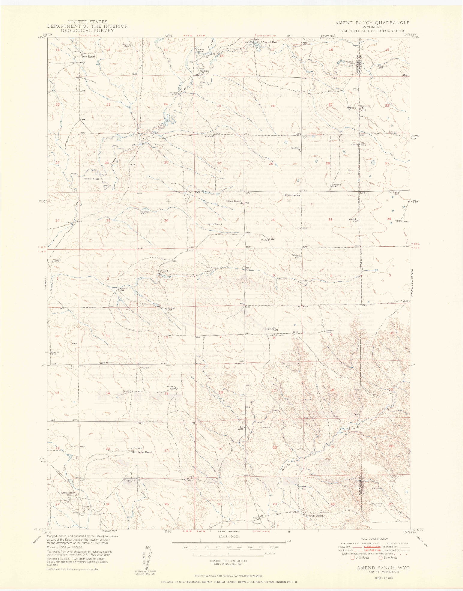 USGS 1:24000-SCALE QUADRANGLE FOR AMEND RANCH, WY 1950