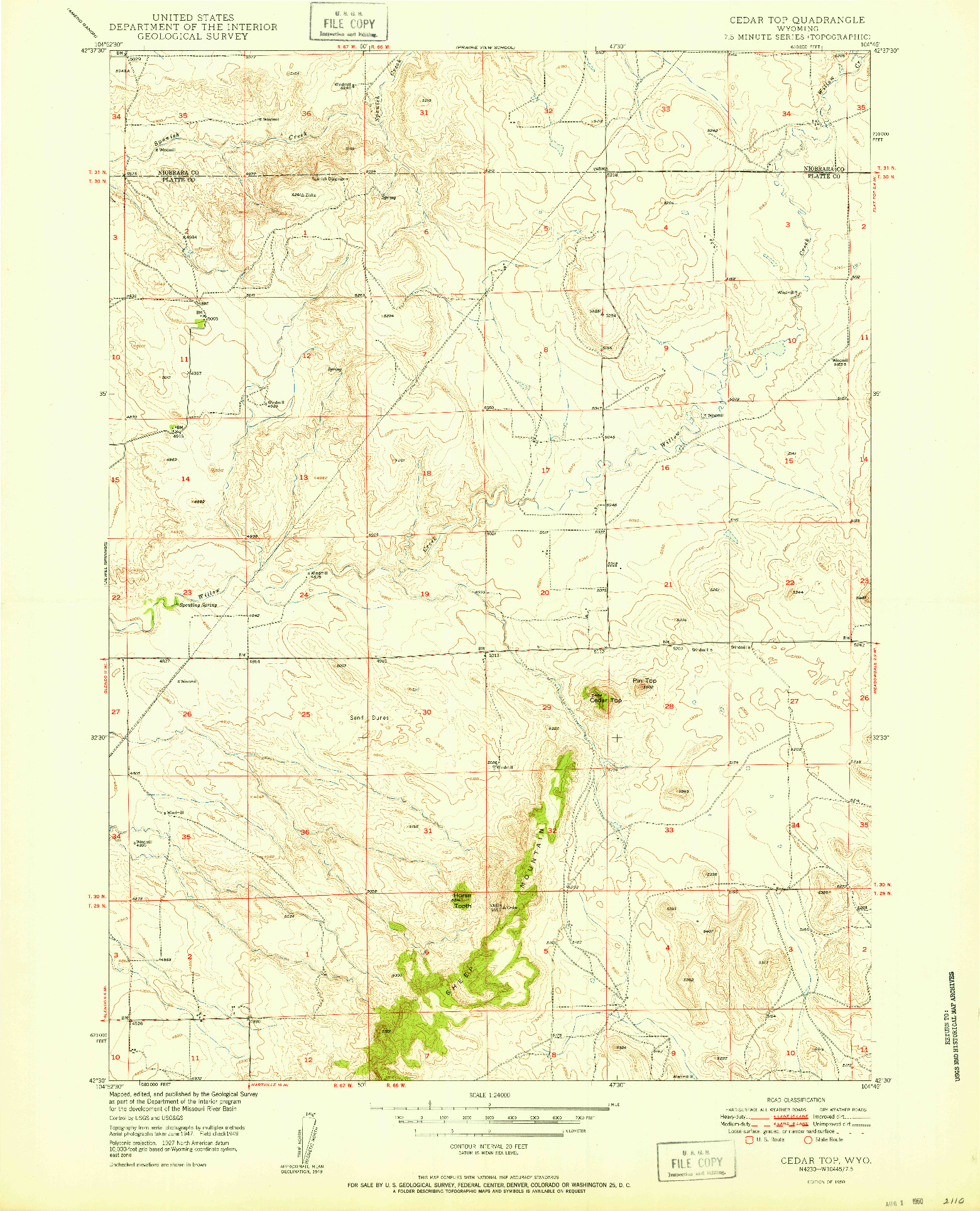 USGS 1:24000-SCALE QUADRANGLE FOR CEDAR TOP, WY 1950