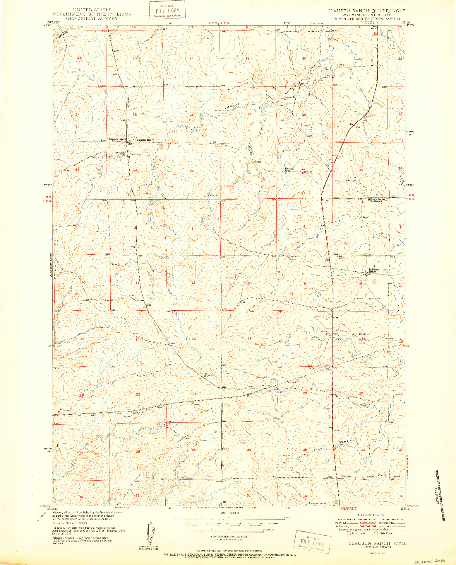 USGS 1:24000-SCALE QUADRANGLE FOR CLAUSEN RANCH, WY 1950