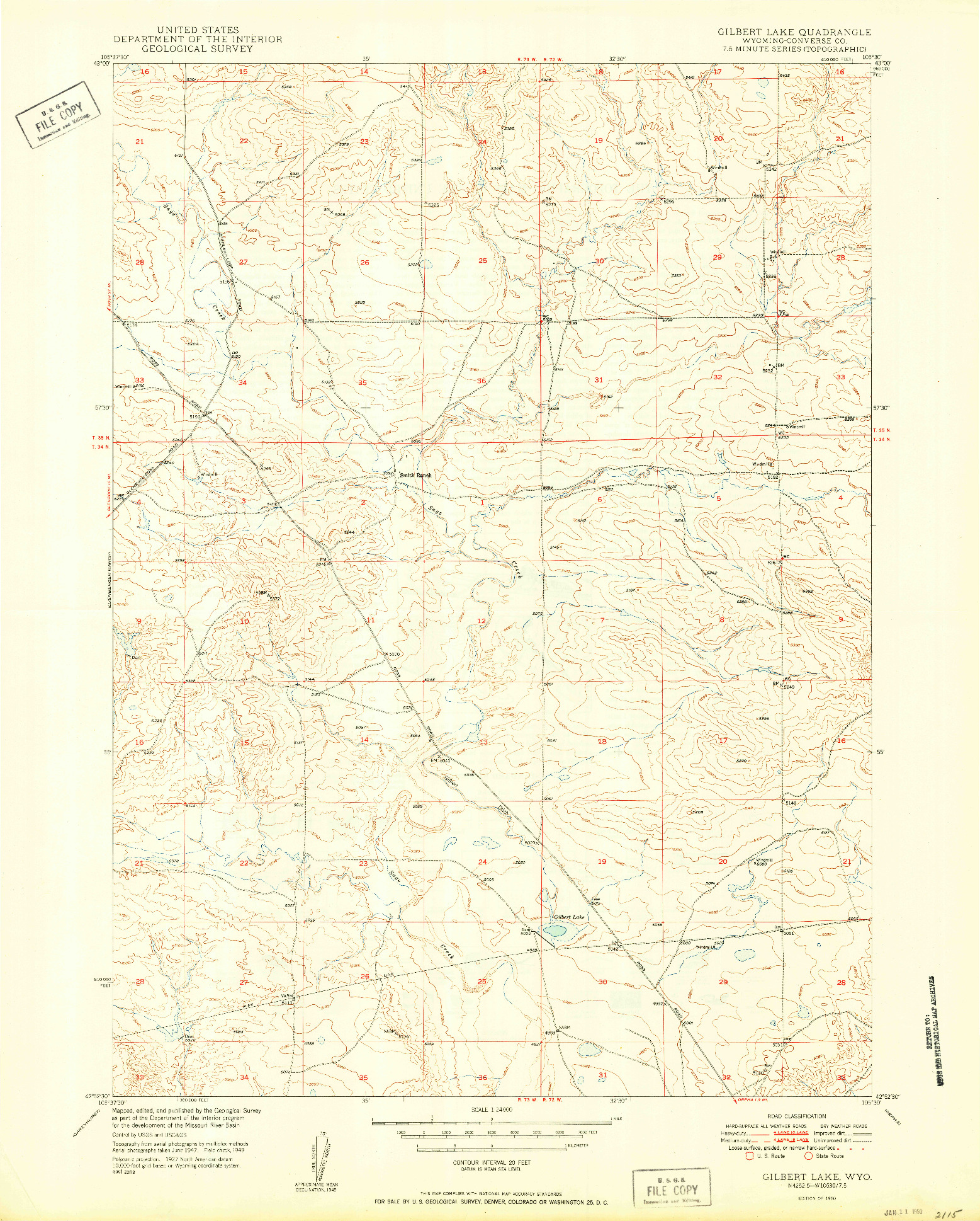 USGS 1:24000-SCALE QUADRANGLE FOR GILBERT LAKE, WY 1950