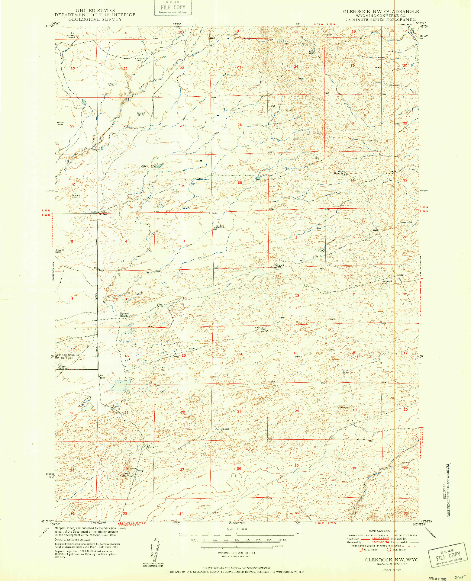 USGS 1:24000-SCALE QUADRANGLE FOR GLENROCK NW, WY 1950