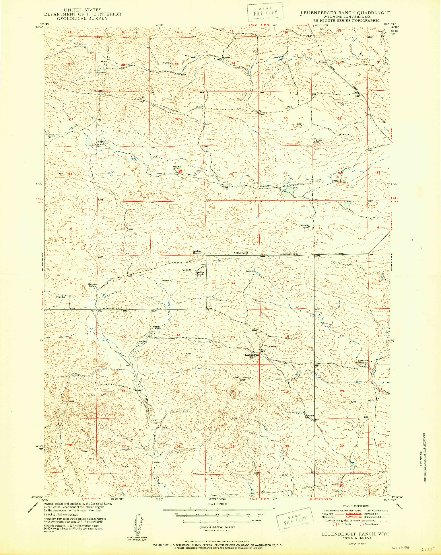 USGS 1:24000-SCALE QUADRANGLE FOR LEUENBERGER RANCH, WY 1950