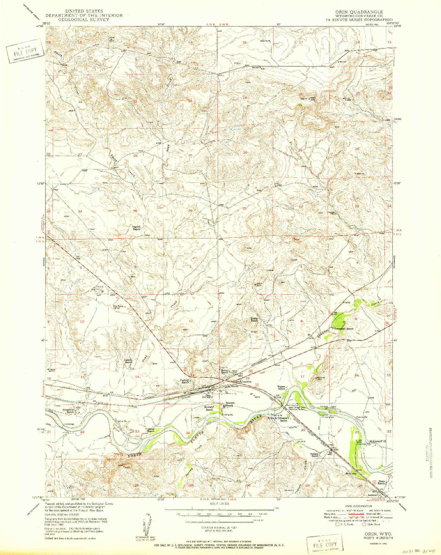 USGS 1:24000-SCALE QUADRANGLE FOR ORIN, WY 1950