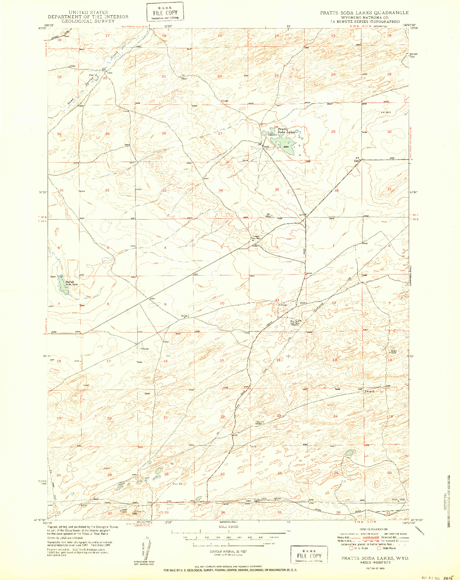 USGS 1:24000-SCALE QUADRANGLE FOR PRATTS SODA LAKES, WY 1950