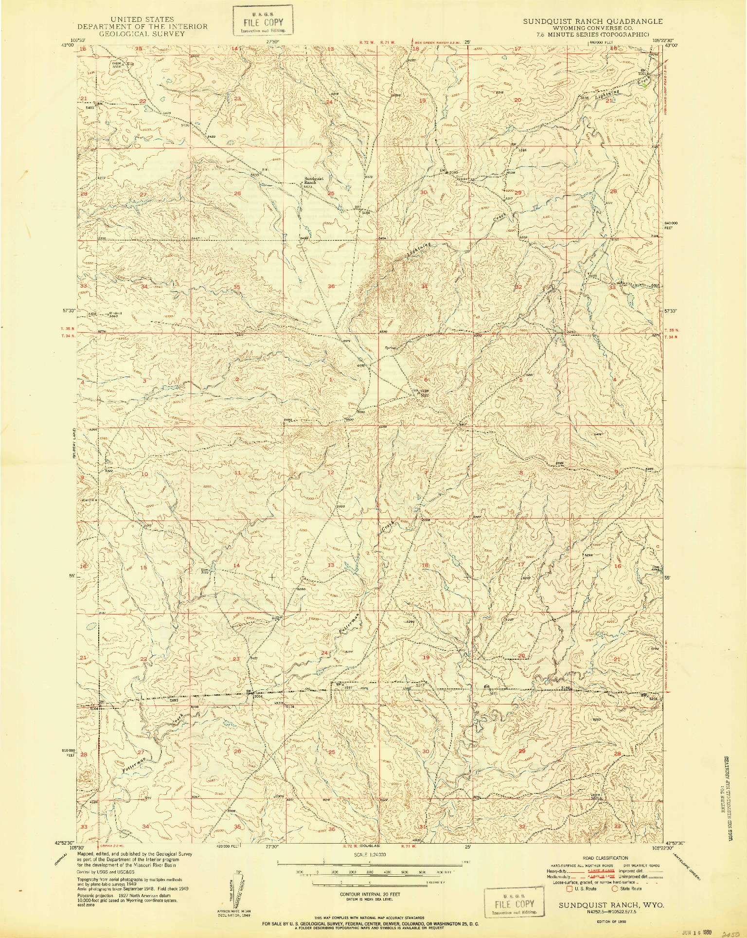 USGS 1:24000-SCALE QUADRANGLE FOR SUNDQUIST RANCH, WY 1950