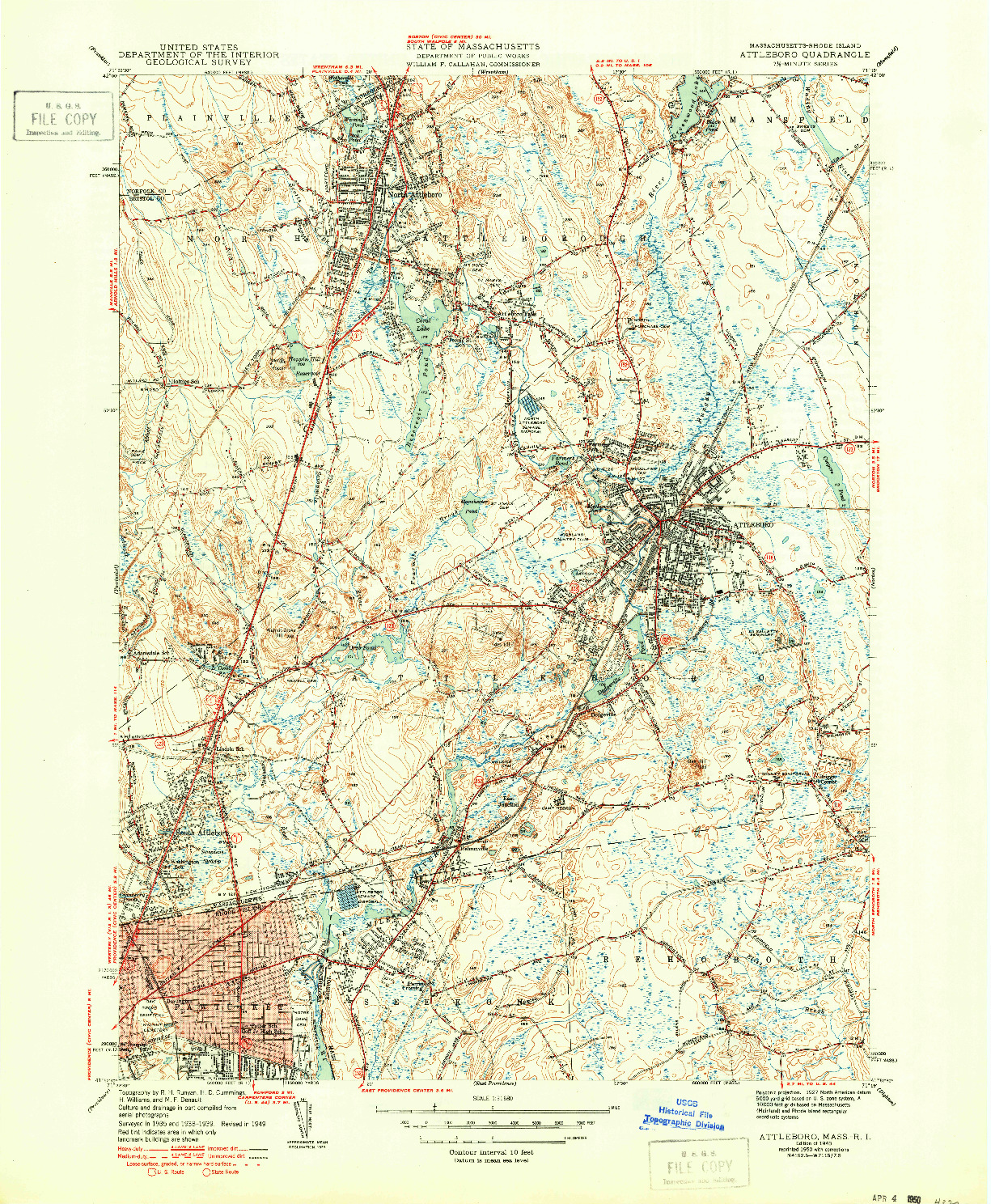 USGS 1:31680-SCALE QUADRANGLE FOR ATTLEBORO, MA 1943