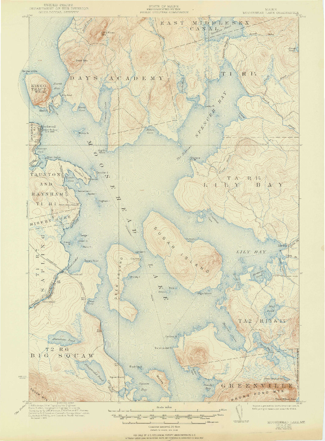 USGS 1:62500-SCALE QUADRANGLE FOR MOOSEHEAD LAKE, ME 1922