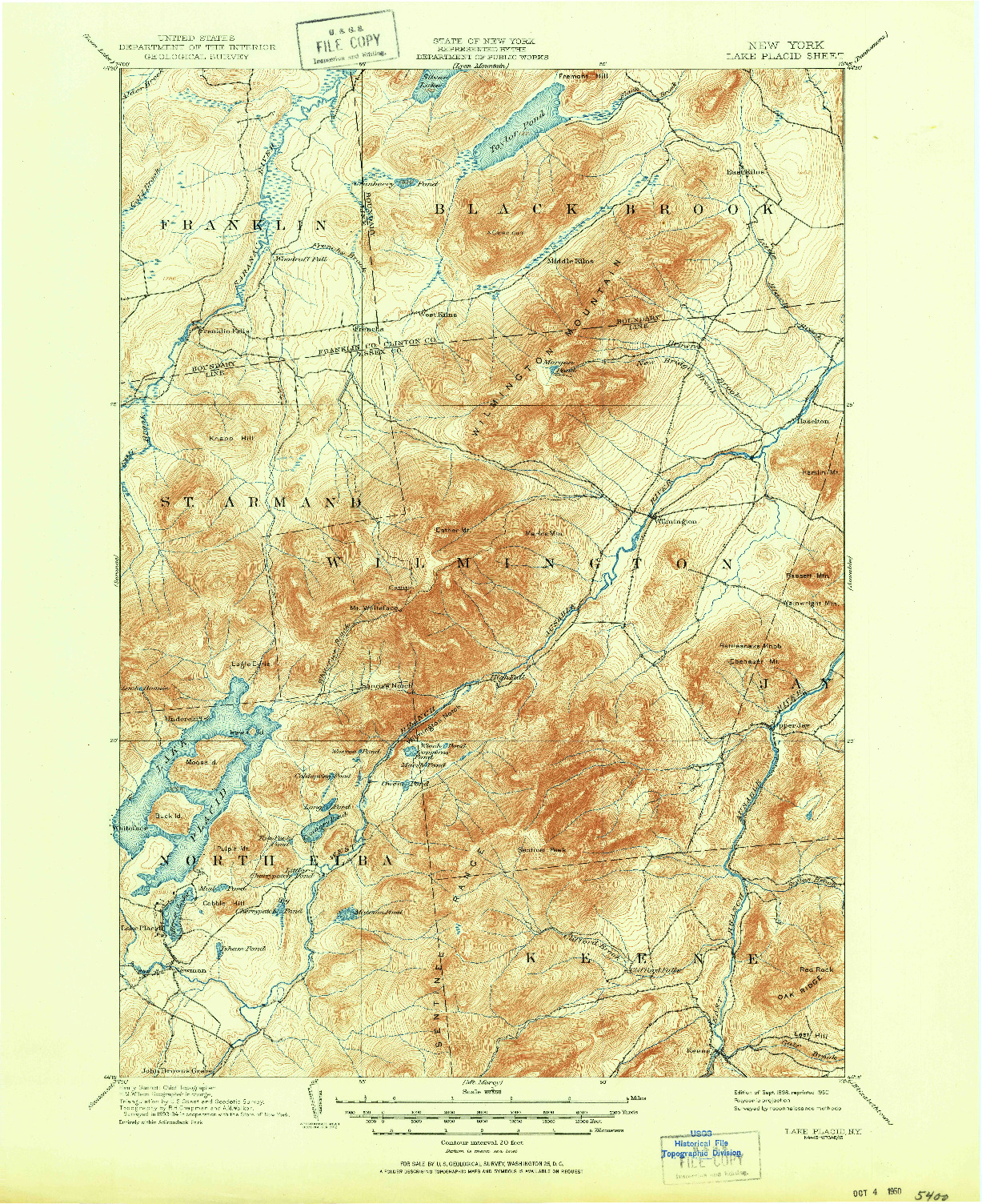 USGS 1:62500-SCALE QUADRANGLE FOR LAKE PLACID, NY 1898