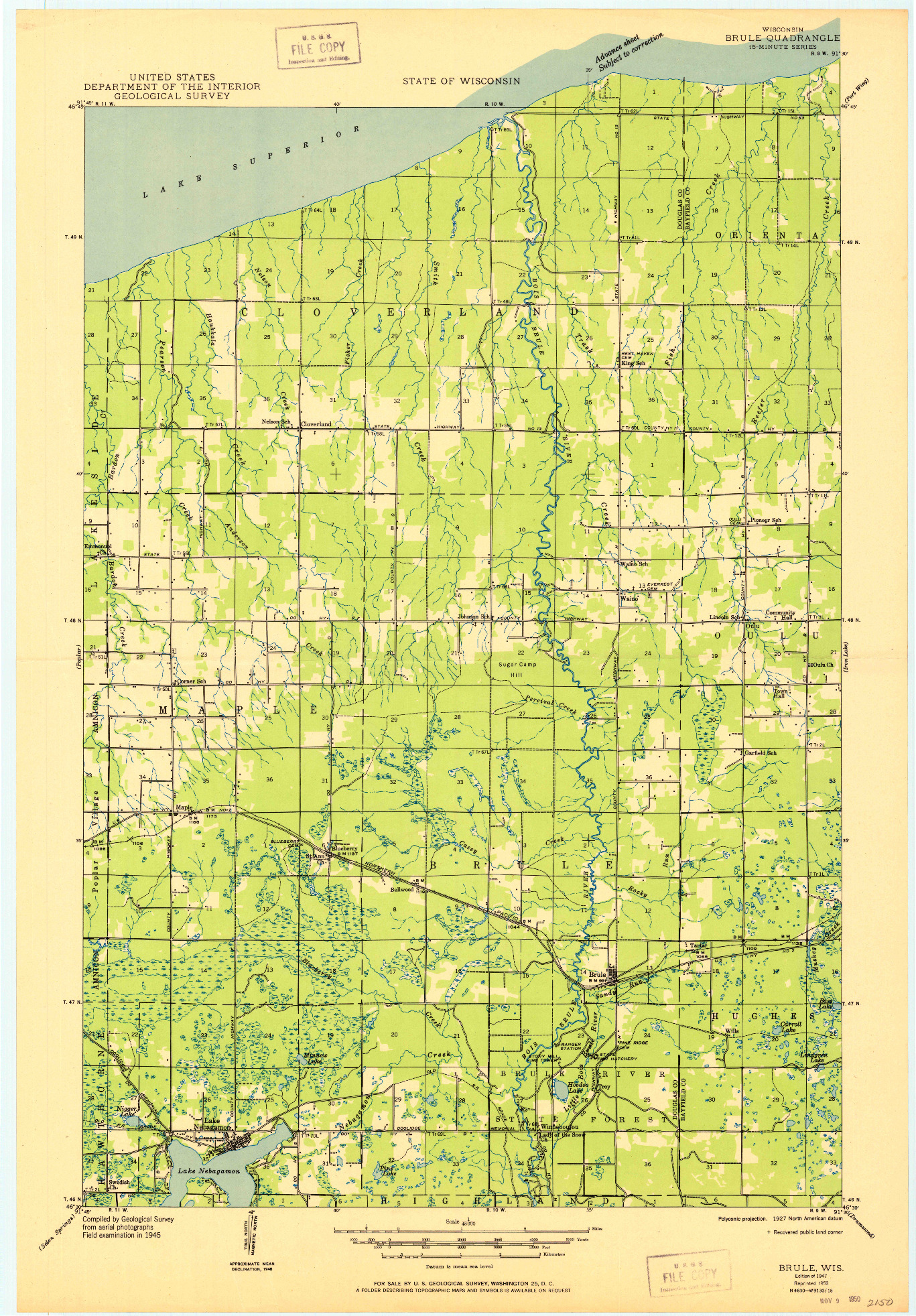 USGS 1:48000-SCALE QUADRANGLE FOR BRULE, WI 1947