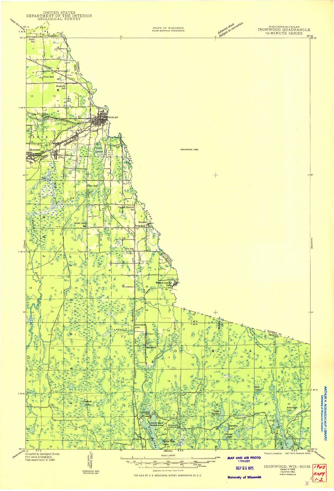 USGS 1:48000-SCALE QUADRANGLE FOR IRONWOOD, WI 1943