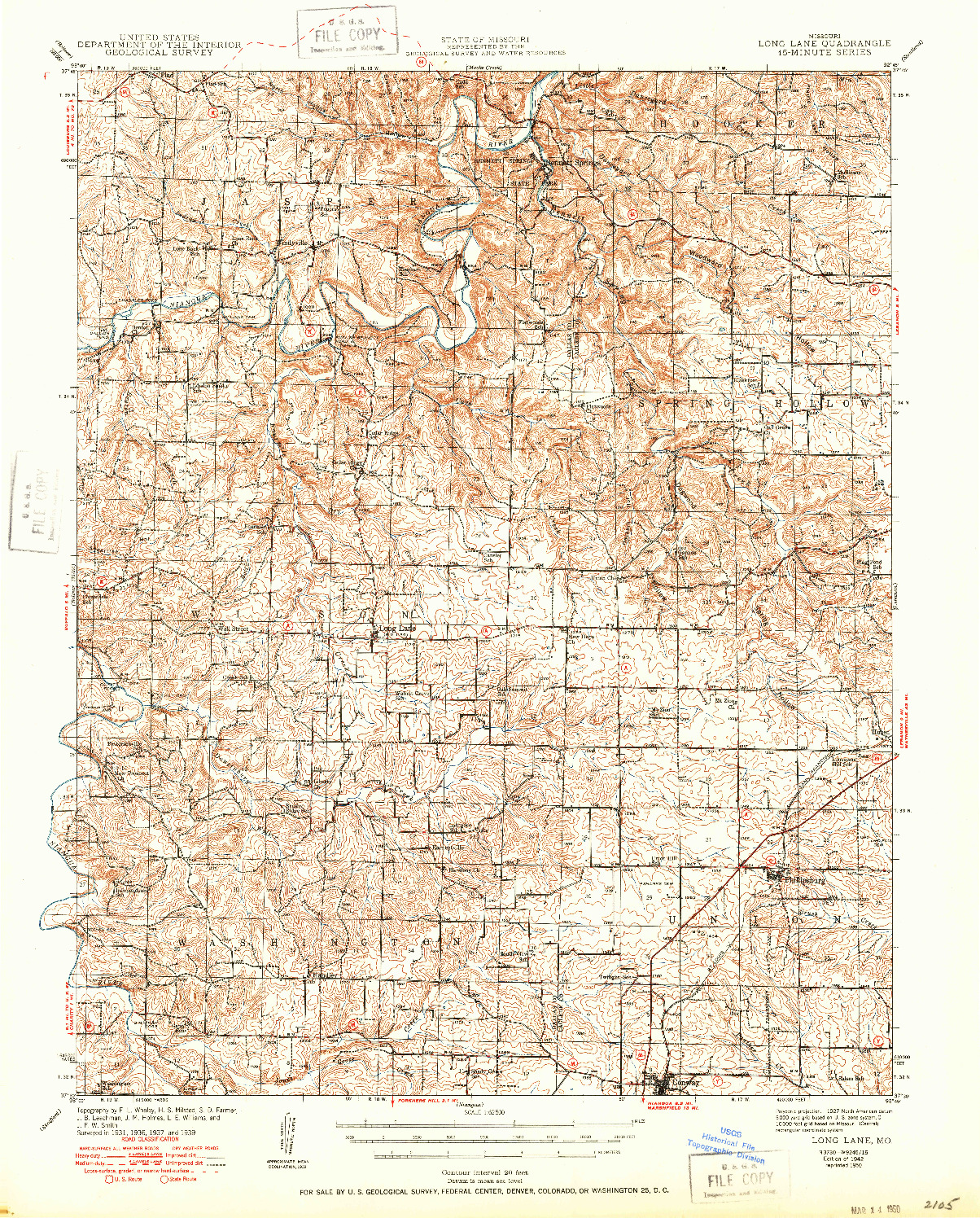 USGS 1:62500-SCALE QUADRANGLE FOR LONG LANE, MO 1942
