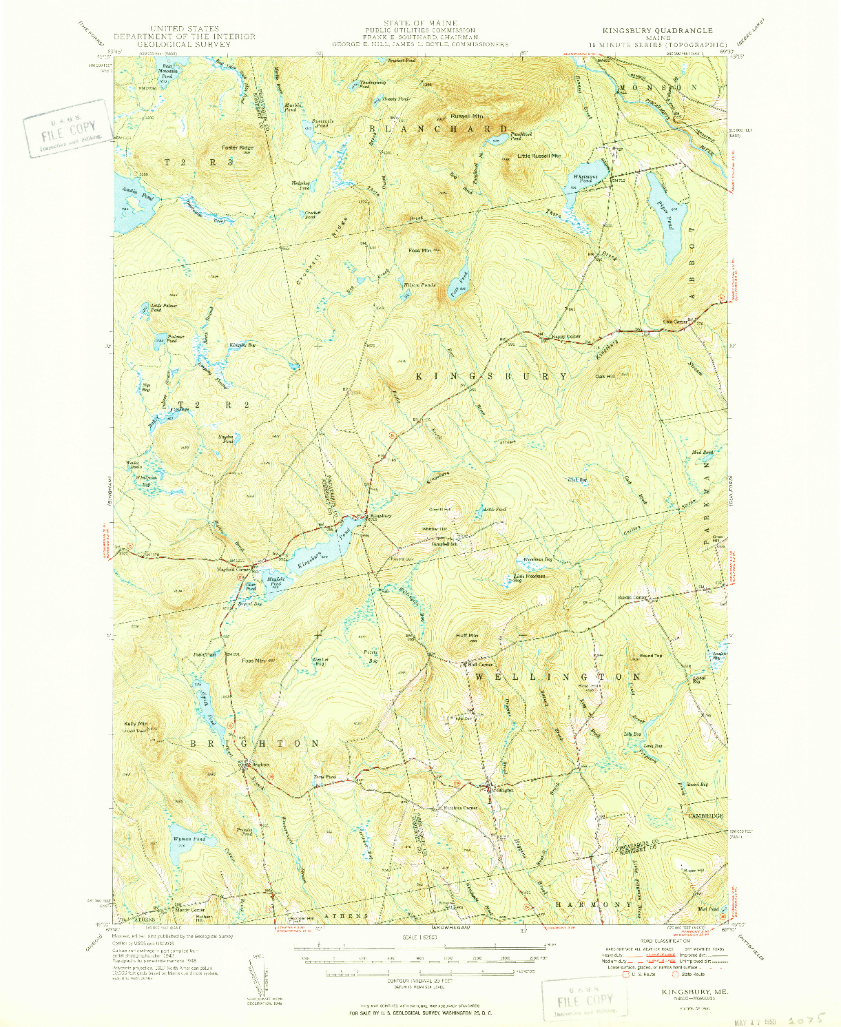 USGS 1:62500-SCALE QUADRANGLE FOR KINGSBURY, ME 1950