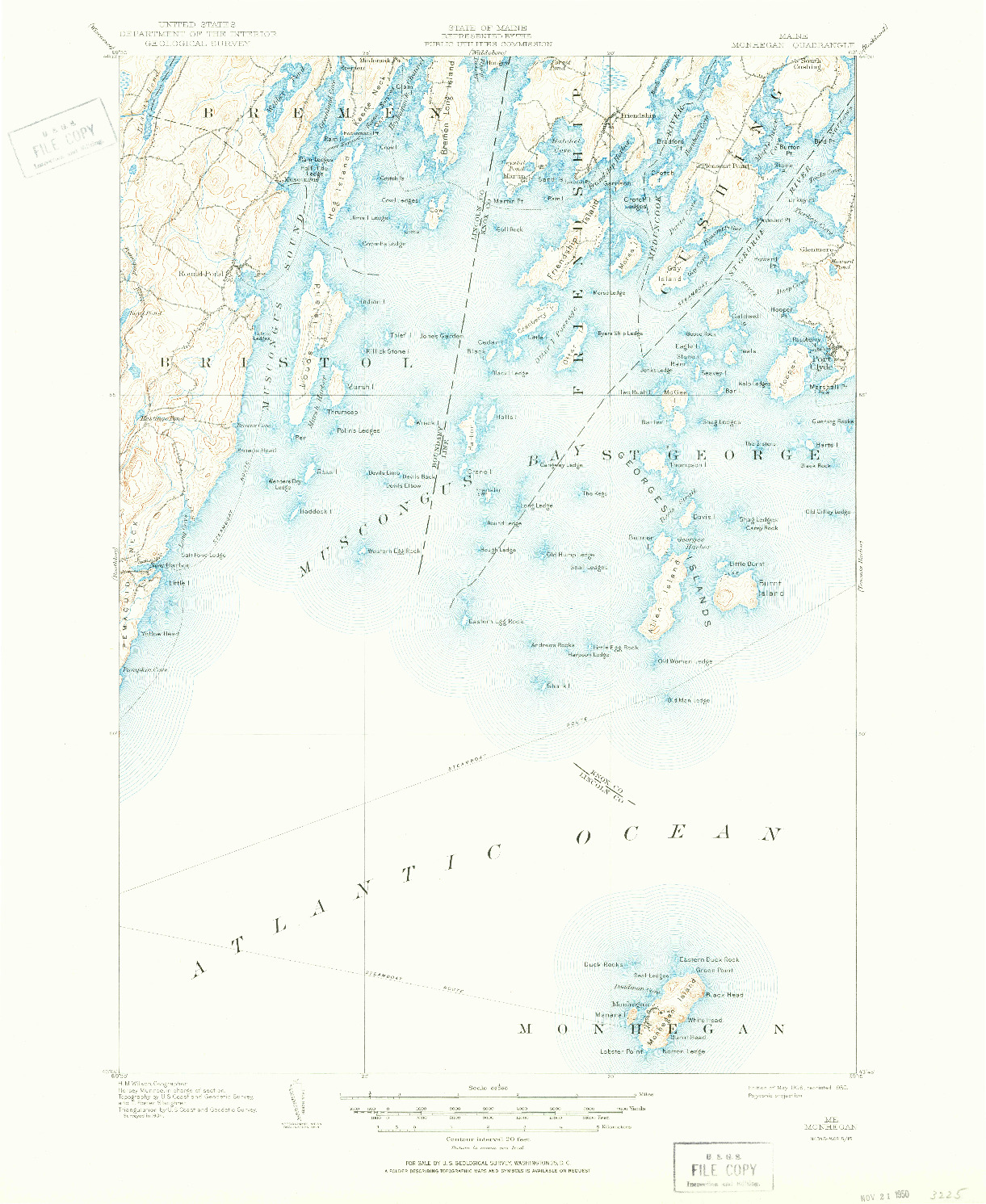 USGS 1:62500-SCALE QUADRANGLE FOR MONHEGAN, ME 1906
