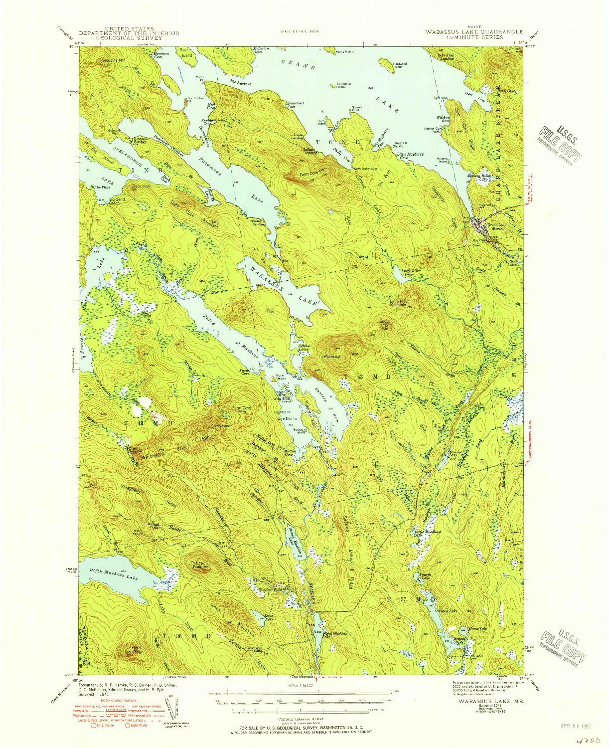 USGS 1:62500-SCALE QUADRANGLE FOR WABASSUS LAKE, ME 1943