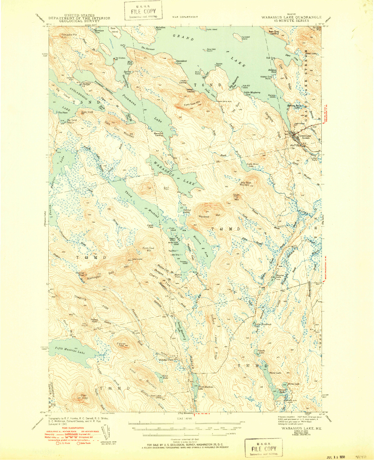 USGS 1:62500-SCALE QUADRANGLE FOR WABASSUS LAKE, ME 1943