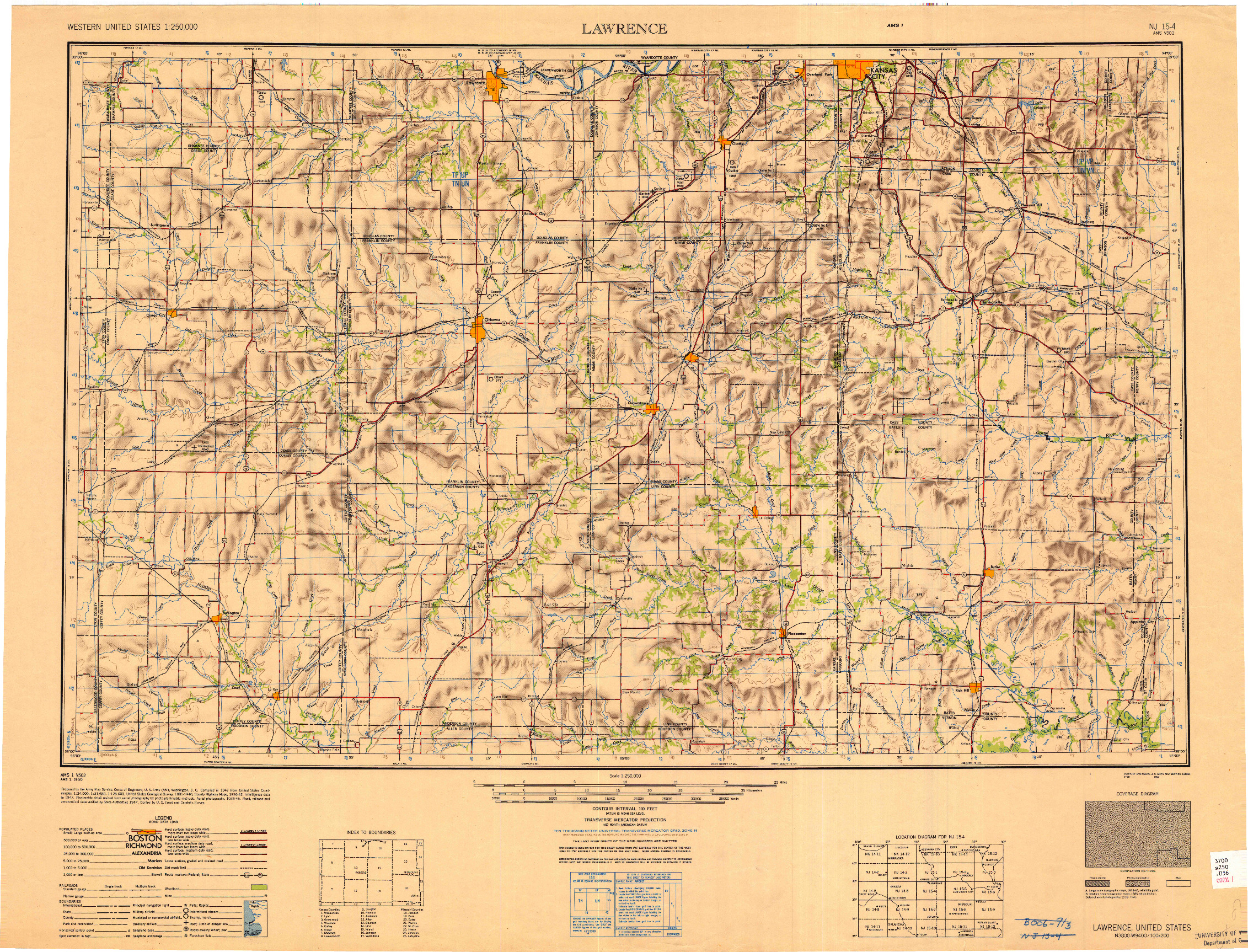 USGS 1:250000-SCALE QUADRANGLE FOR LAWRENCE, KS 1950