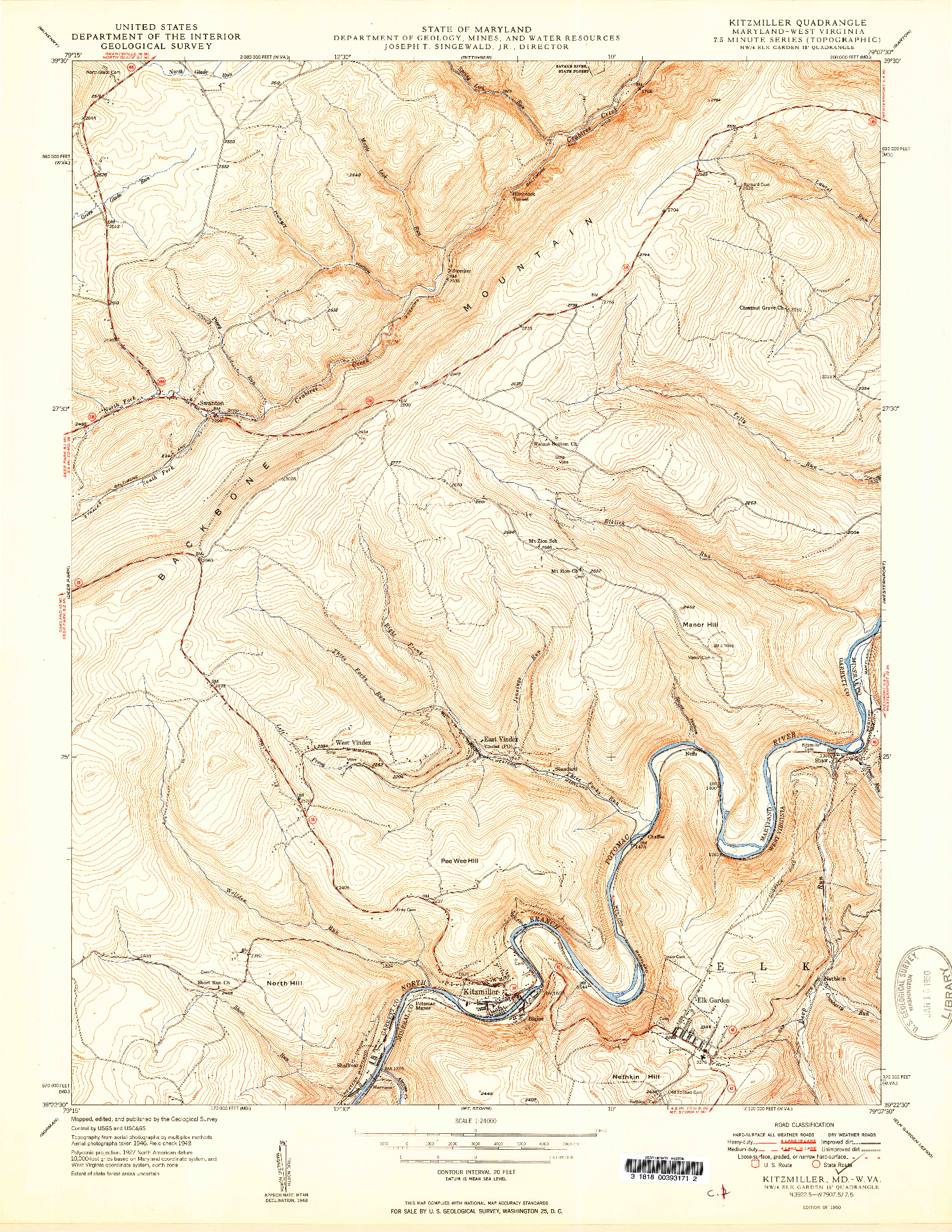 USGS 1:24000-SCALE QUADRANGLE FOR KITZMILLER, MD 1950
