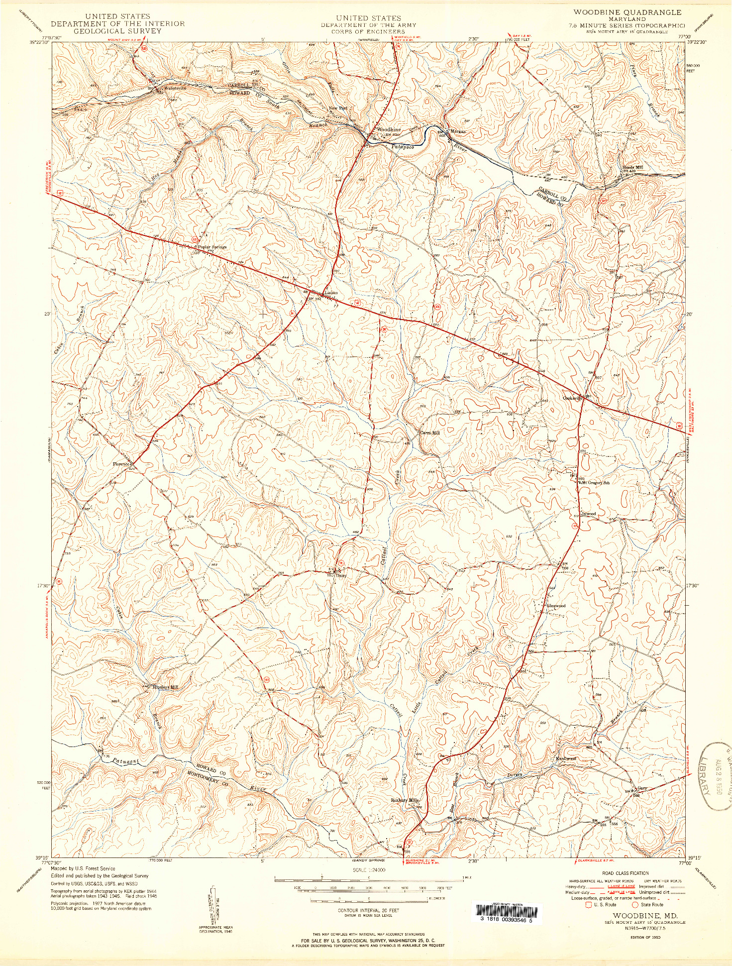 USGS 1:24000-SCALE QUADRANGLE FOR WOODBINE, MD 1950