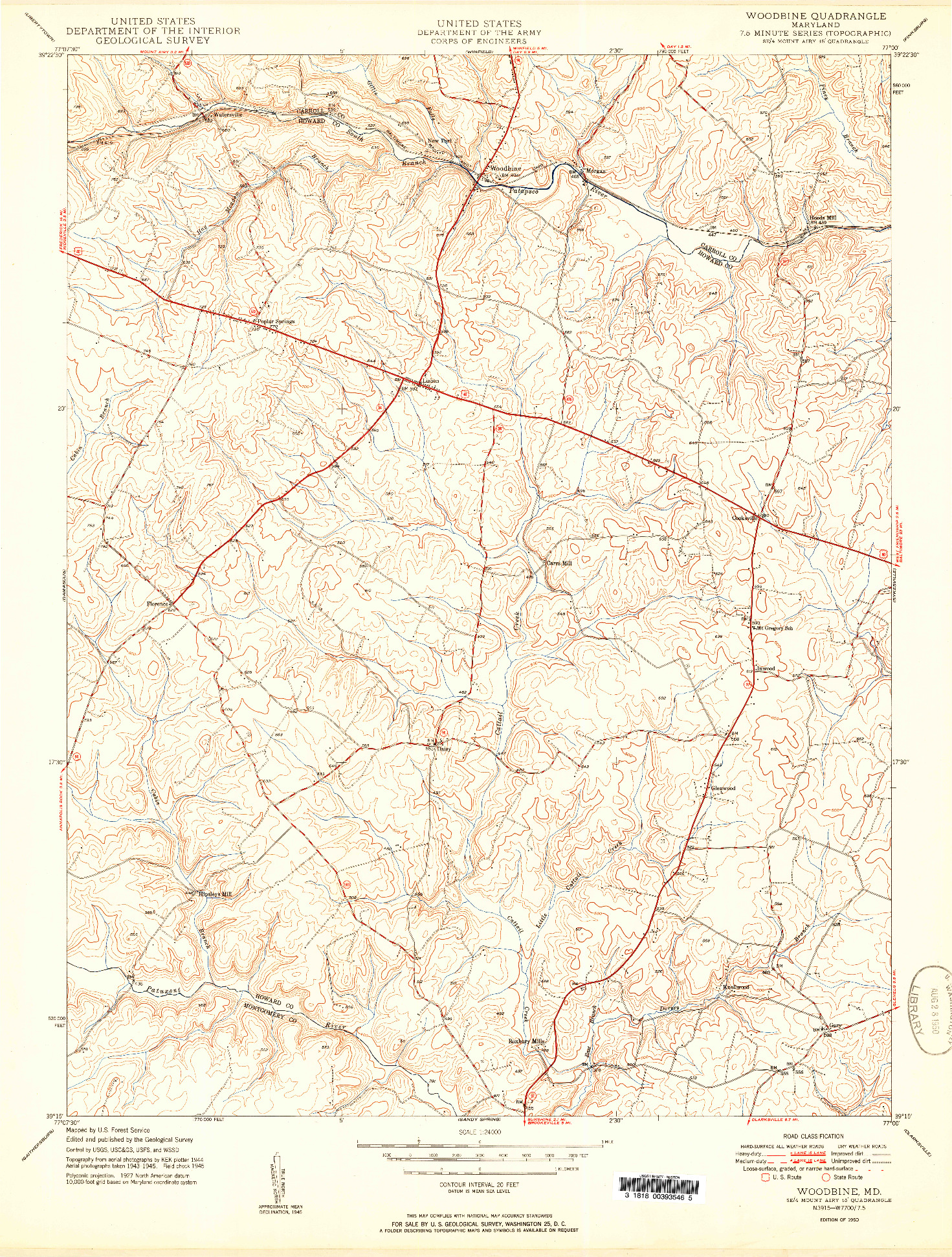 USGS 1:24000-SCALE QUADRANGLE FOR WOODBINE, MD 1950