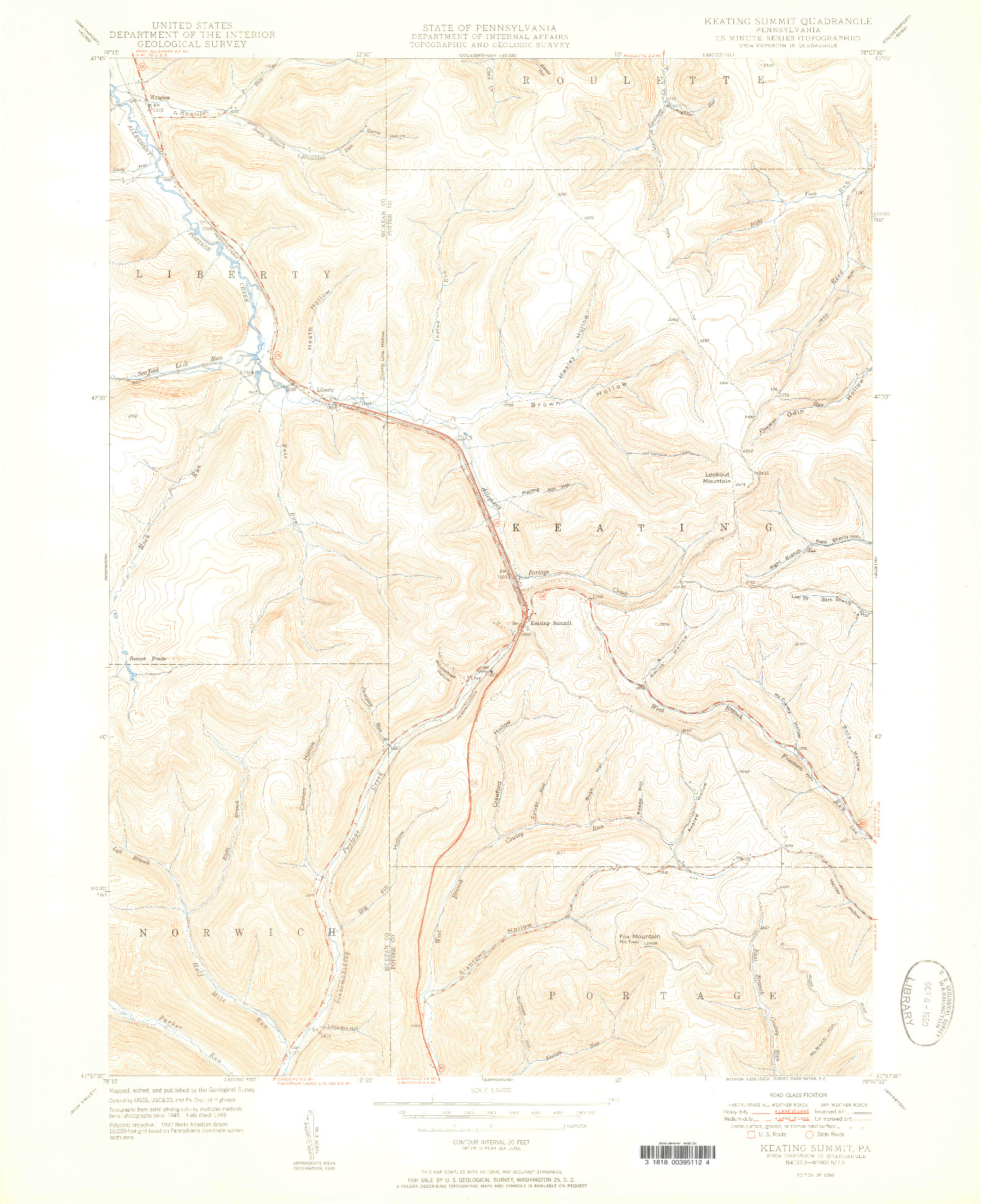 USGS 1:24000-SCALE QUADRANGLE FOR KEATING SUMMIT, PA 1950