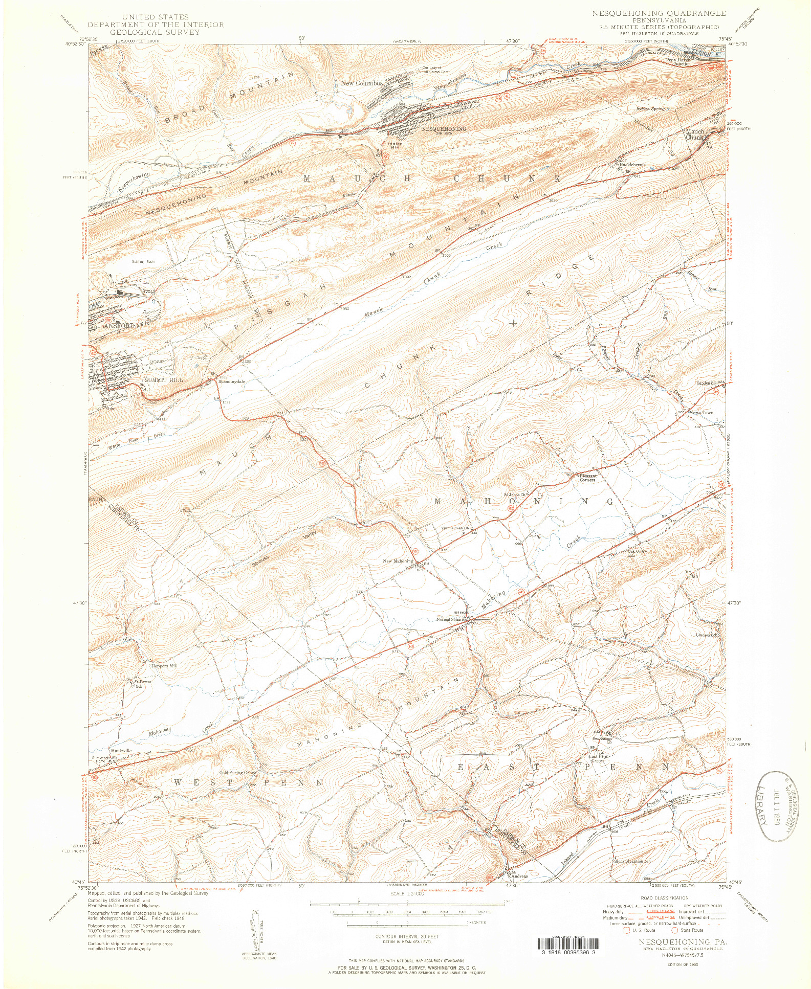 USGS 1:24000-SCALE QUADRANGLE FOR NESQUEHONING, PA 1950