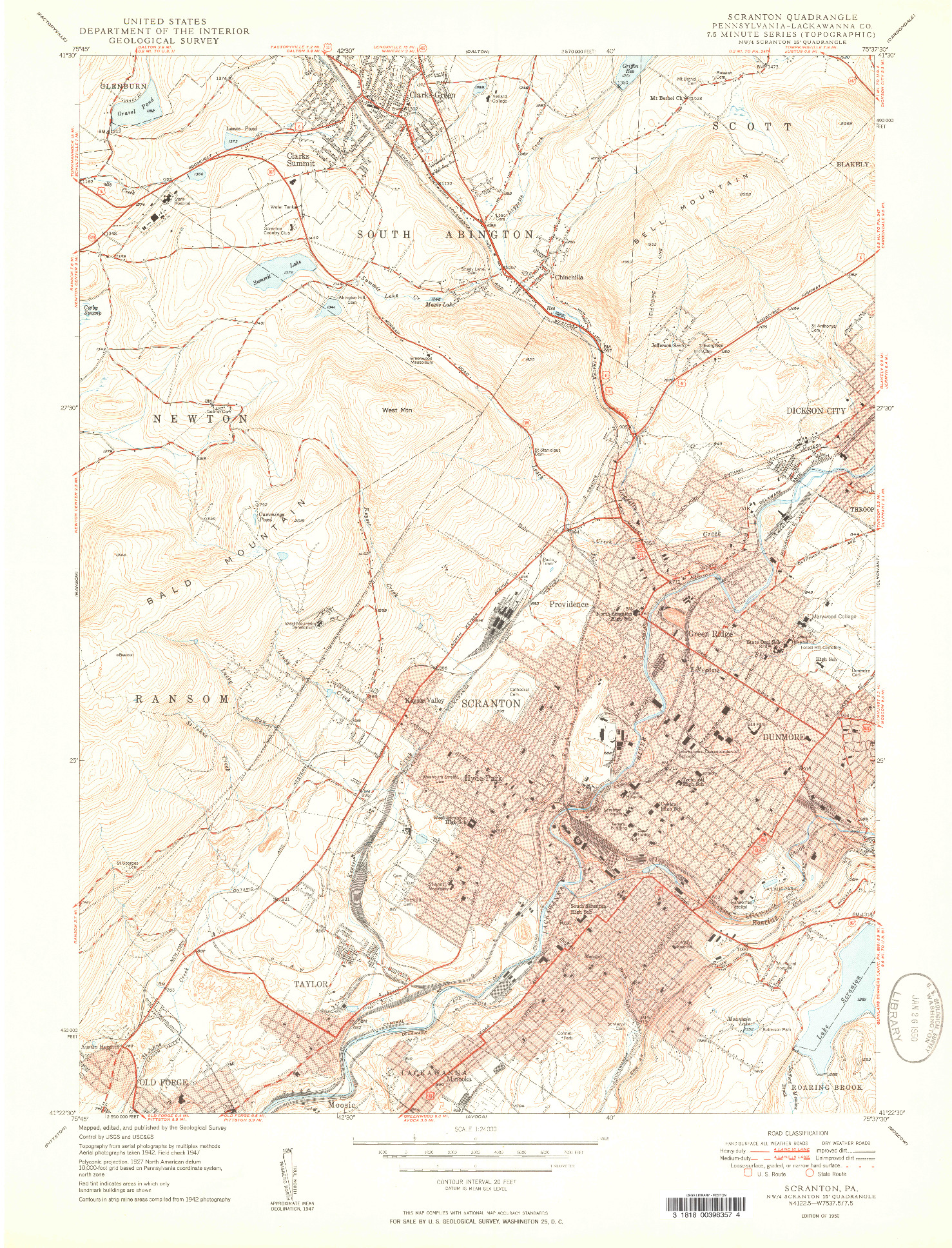 USGS 1:24000-SCALE QUADRANGLE FOR SCRANTON, PA 1950