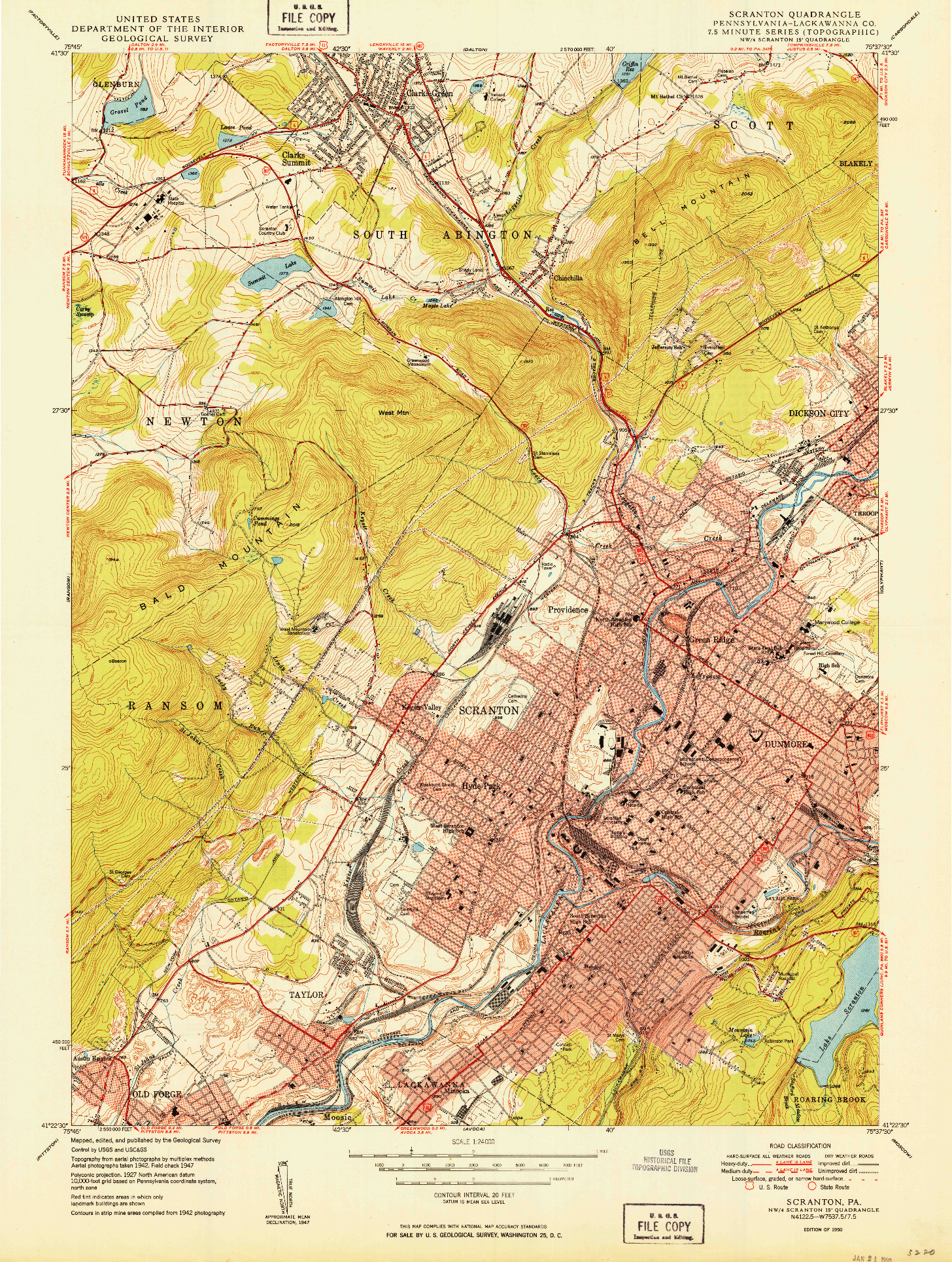 USGS 1:24000-SCALE QUADRANGLE FOR SCRANTON, PA 1950