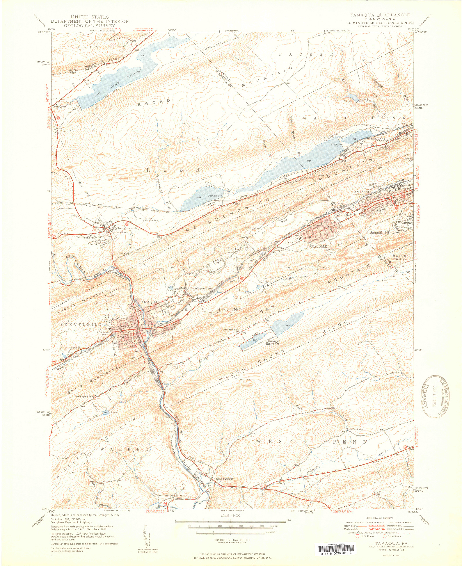 USGS 1:24000-SCALE QUADRANGLE FOR TAMAQUA, PA 1950