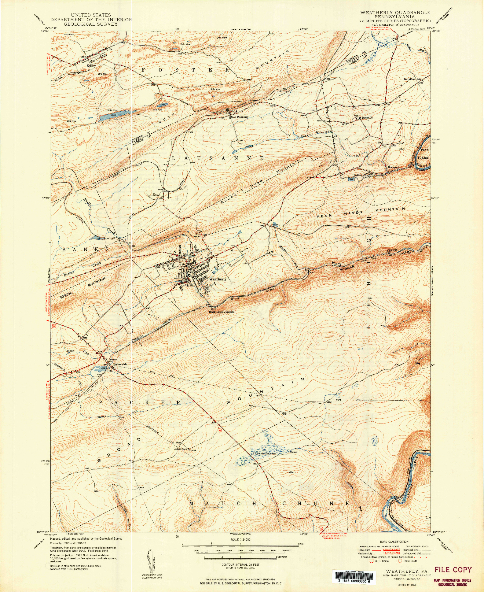 USGS 1:24000-SCALE QUADRANGLE FOR WEATHERLY, PA 1950