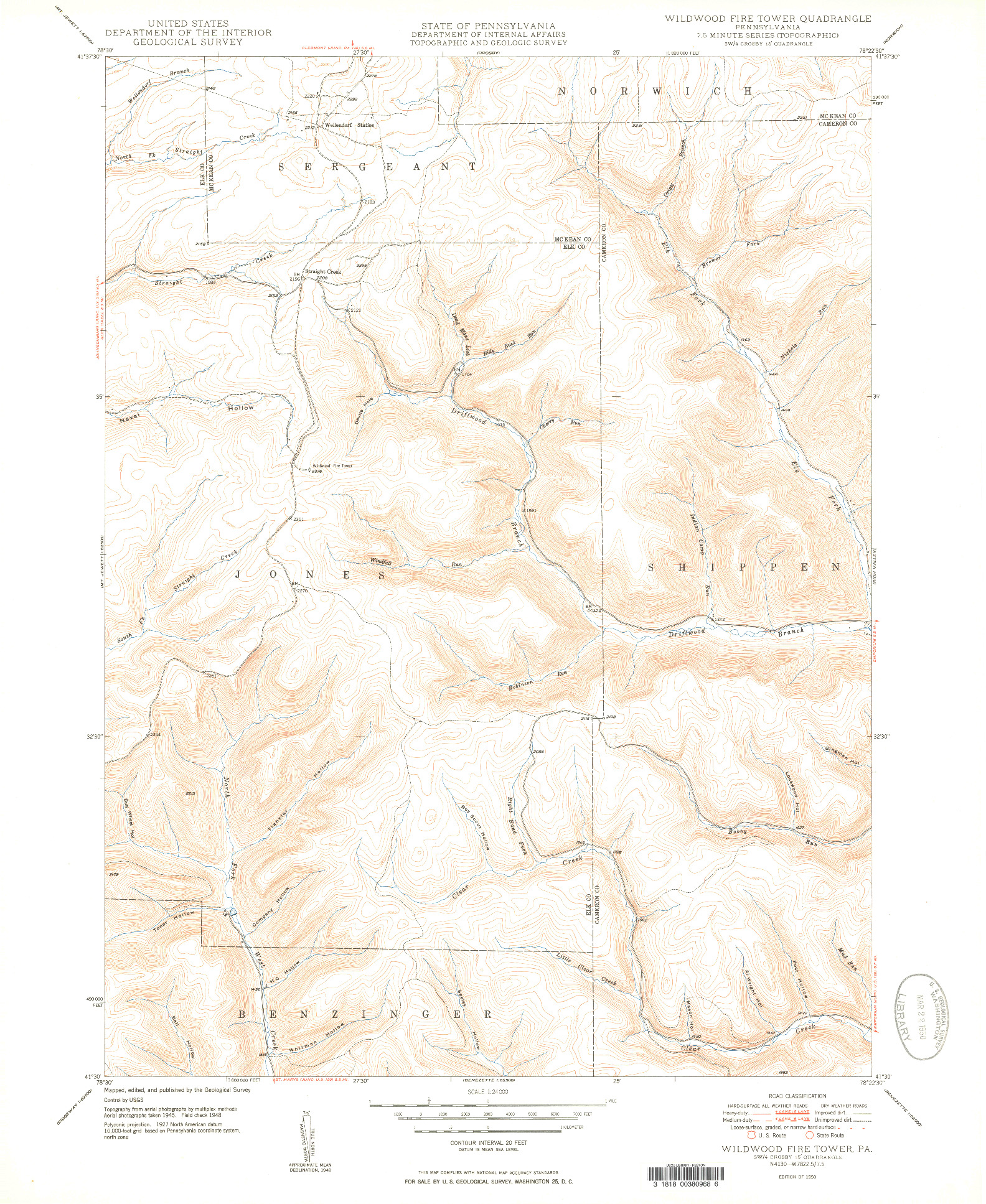 USGS 1:24000-SCALE QUADRANGLE FOR WILDWOOD FIRE TOWER, PA 1950